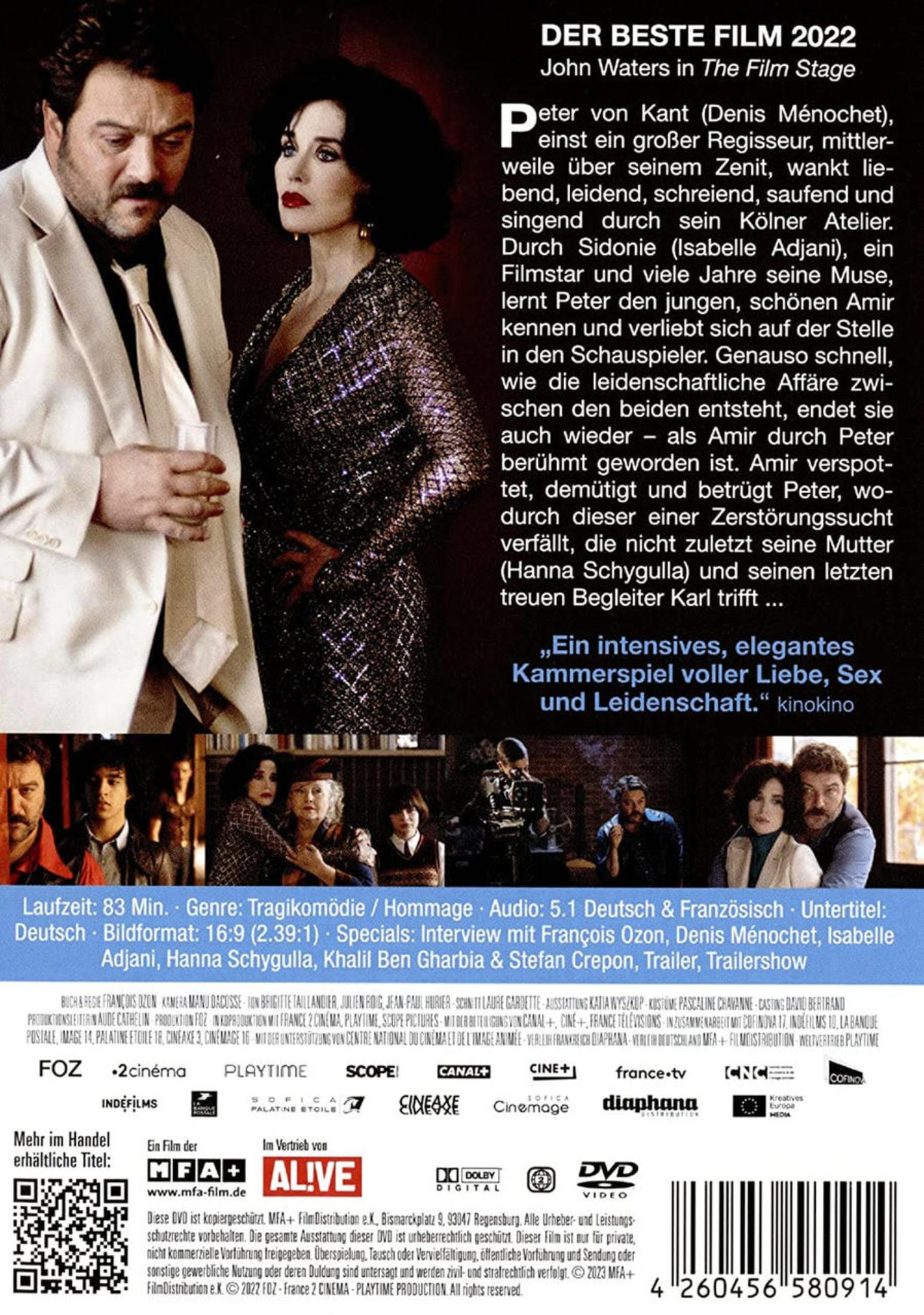 Filmcover von Peter von Kant mit Denis Menochet und Isabelle Adjani vor Text und Szenenbildern.