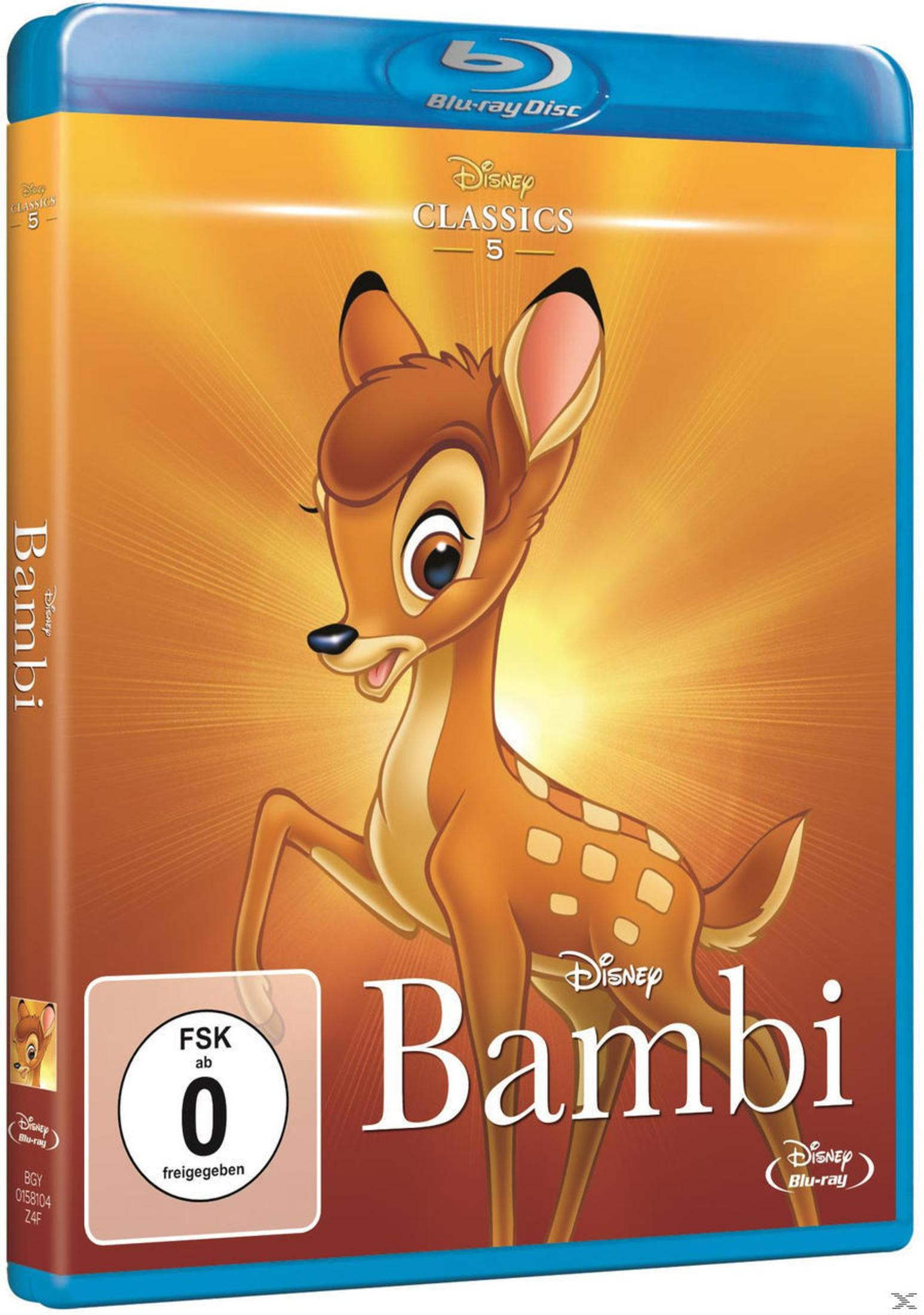 Blu-ray-Hülle des Disney-Klassikers Bambi mit dem jungen Reh vor goldenem Hintergrund und FSK-0-Logo.