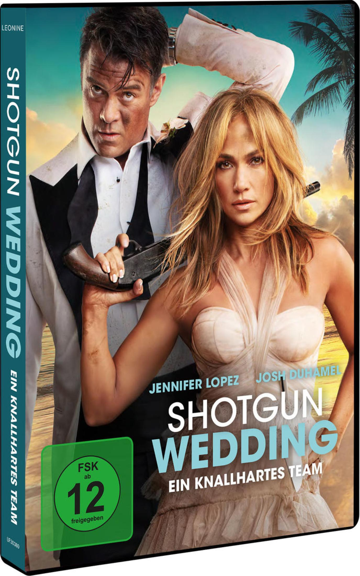 Jennifer Lopez und Josh Duhamel in Hochzeitskleidung mit Schrotflinte vor Strandkulisse auf DVD-Cover.