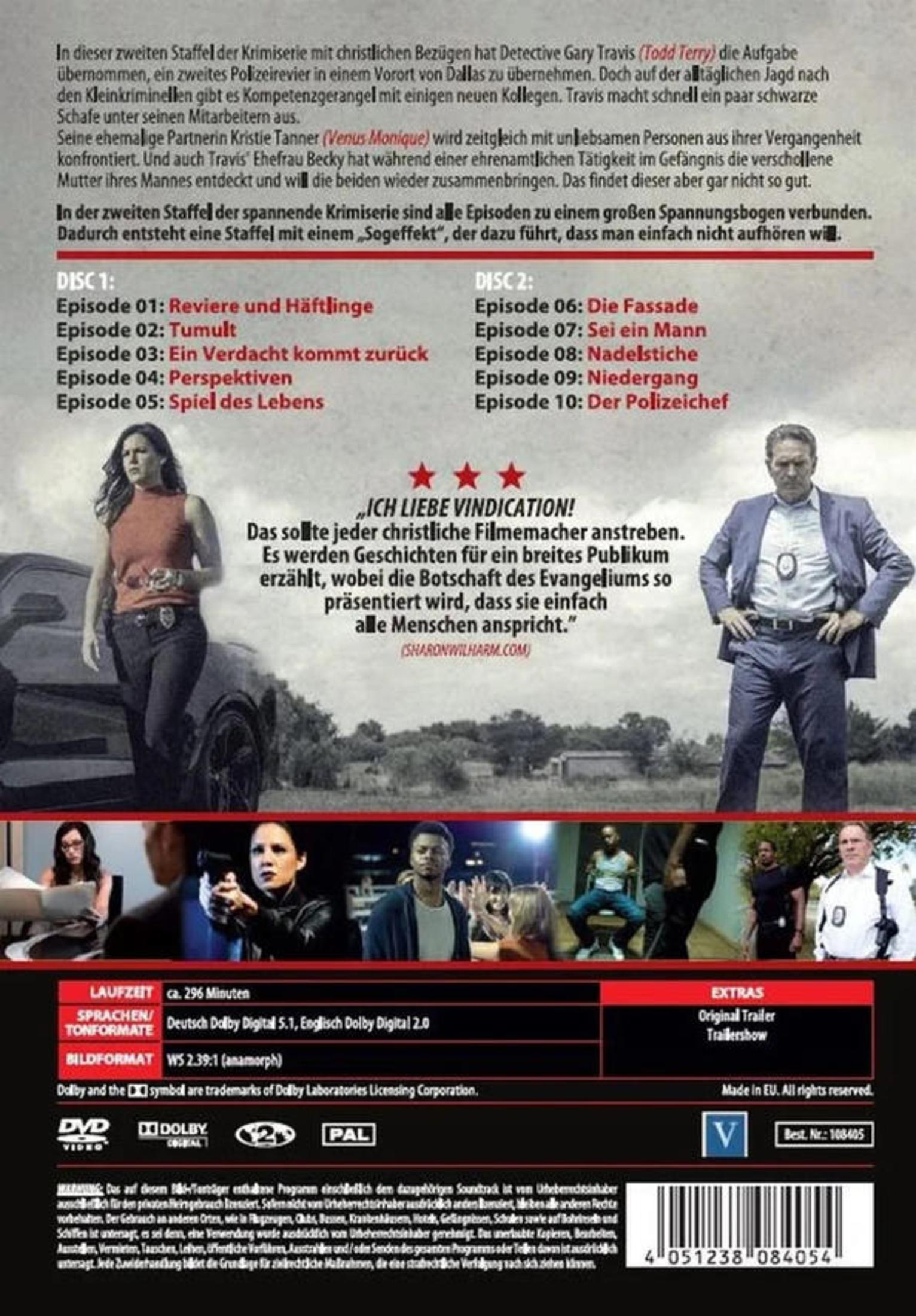 DVD-Rückseite mit Text, Episodenlisten und Bildern der Darsteller einer Krimiserie.