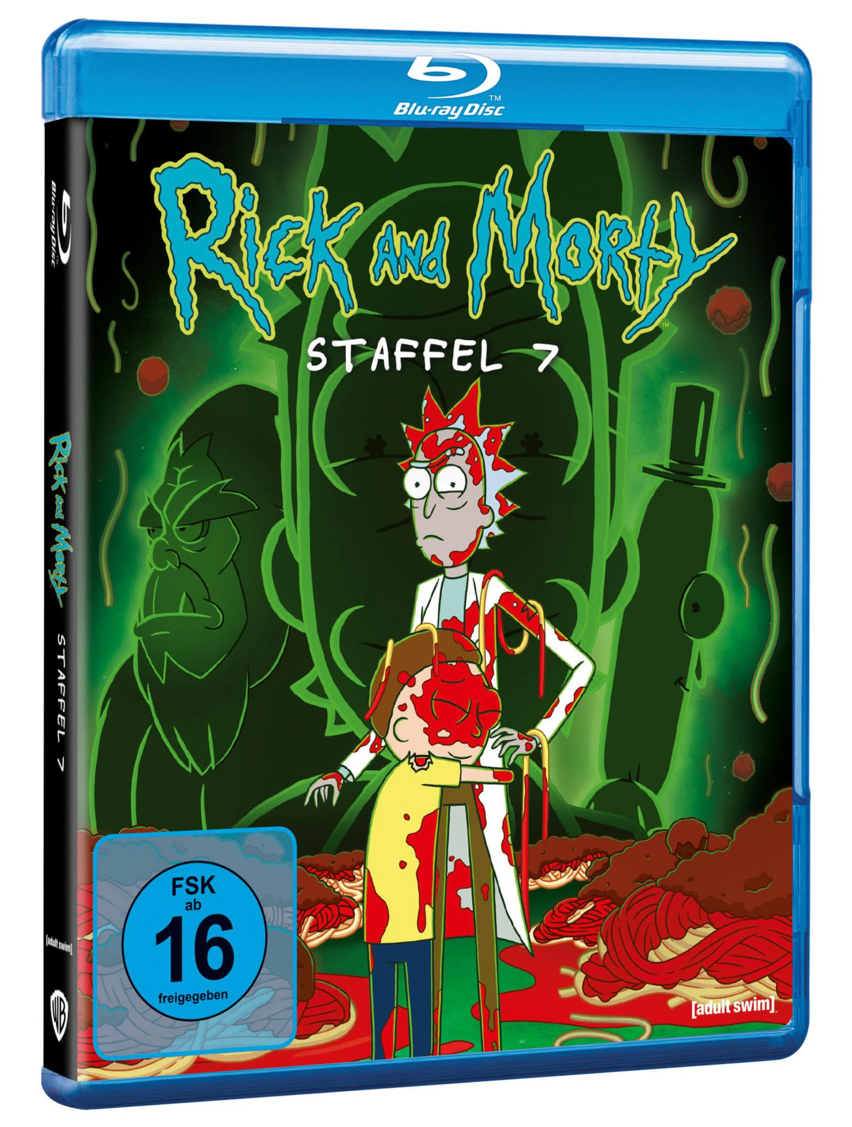 Blu-ray-Hülle für Rick and Morty Staffel 7 mit Rick und Morty in roter Soße vor grünem Hintergrund.