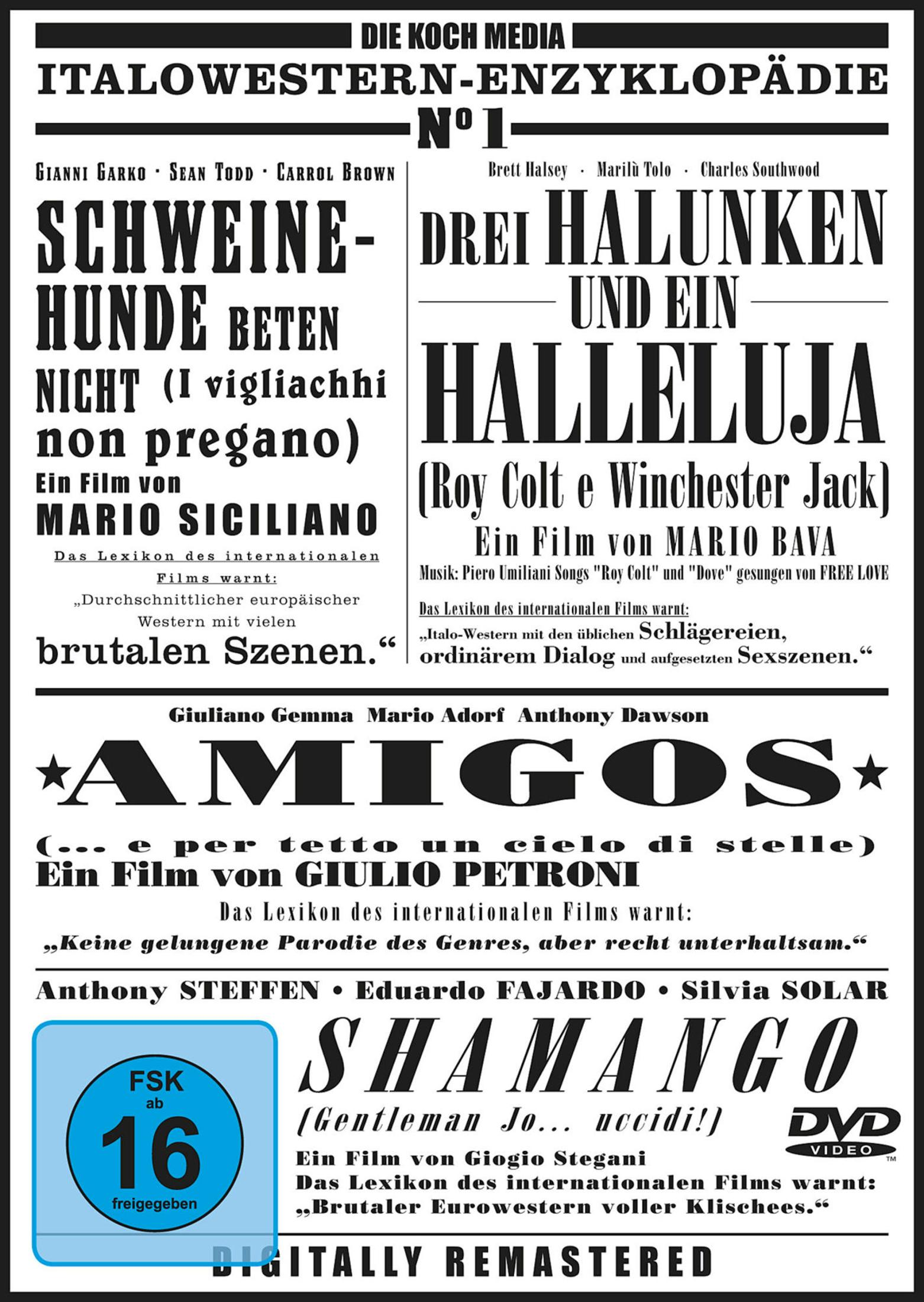 Filmplakat für eine Italo-Western-Enzyklopädie mit Filmtiteln und FSK-16-Logo in Schwarz-Weiß.