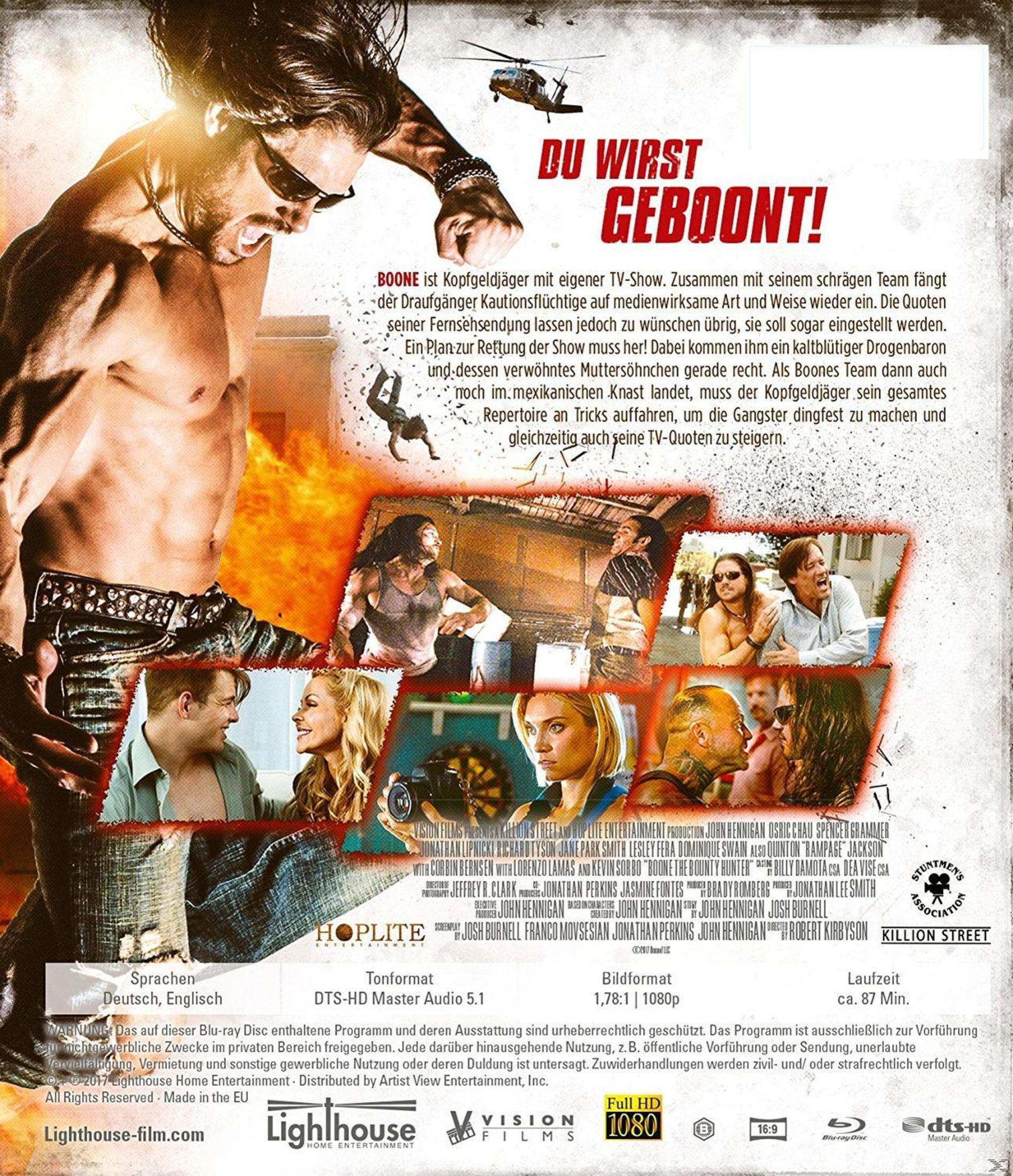 DVD-Hülle des Films Boone mit Action-Szenen, Feuer und einem muskulösen Mann im Vordergrund.