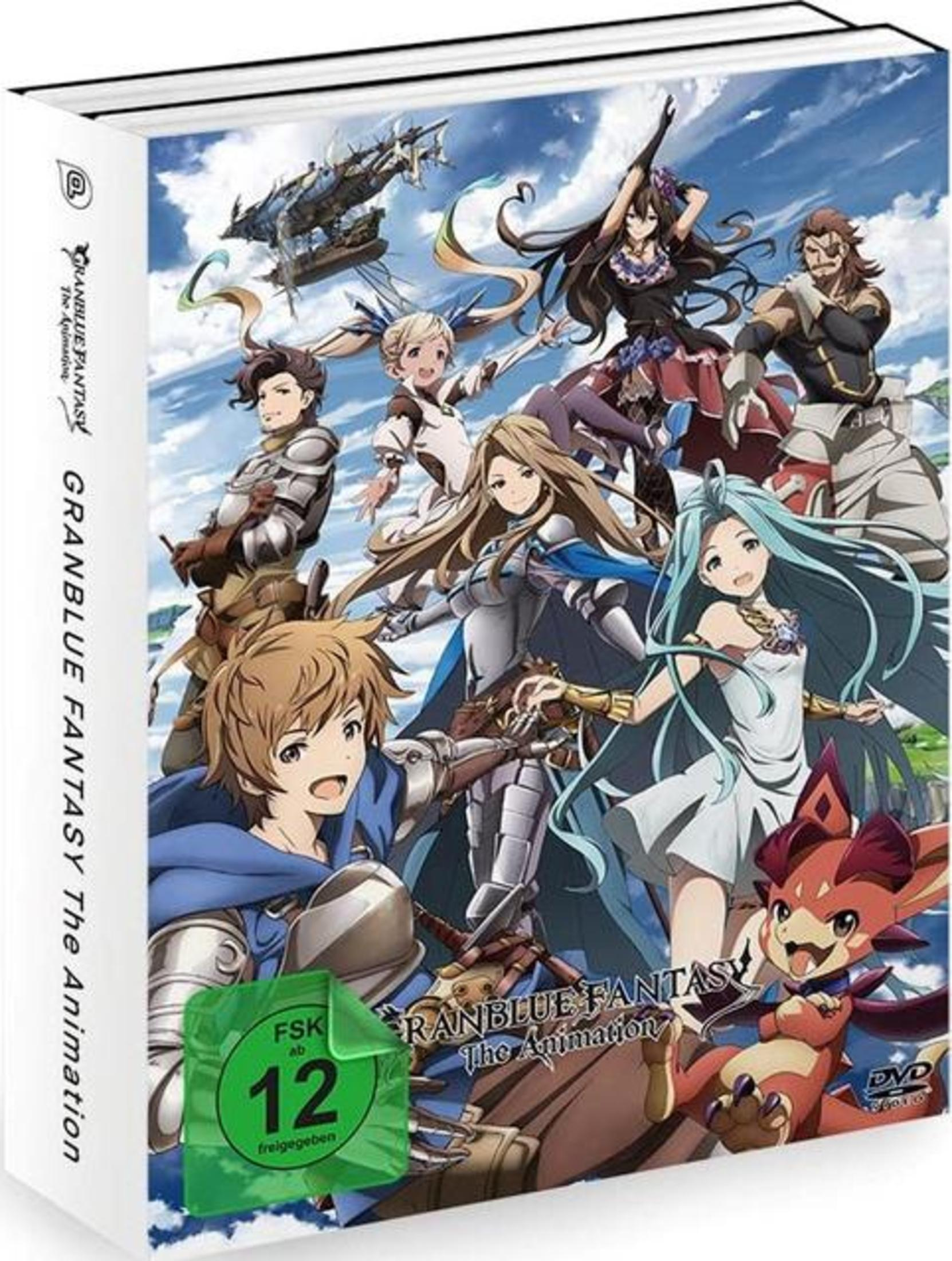Anime-DVD-Box mit Charakteren aus Granblue Fantasy vor blauem Himmel mit Luftschiff.