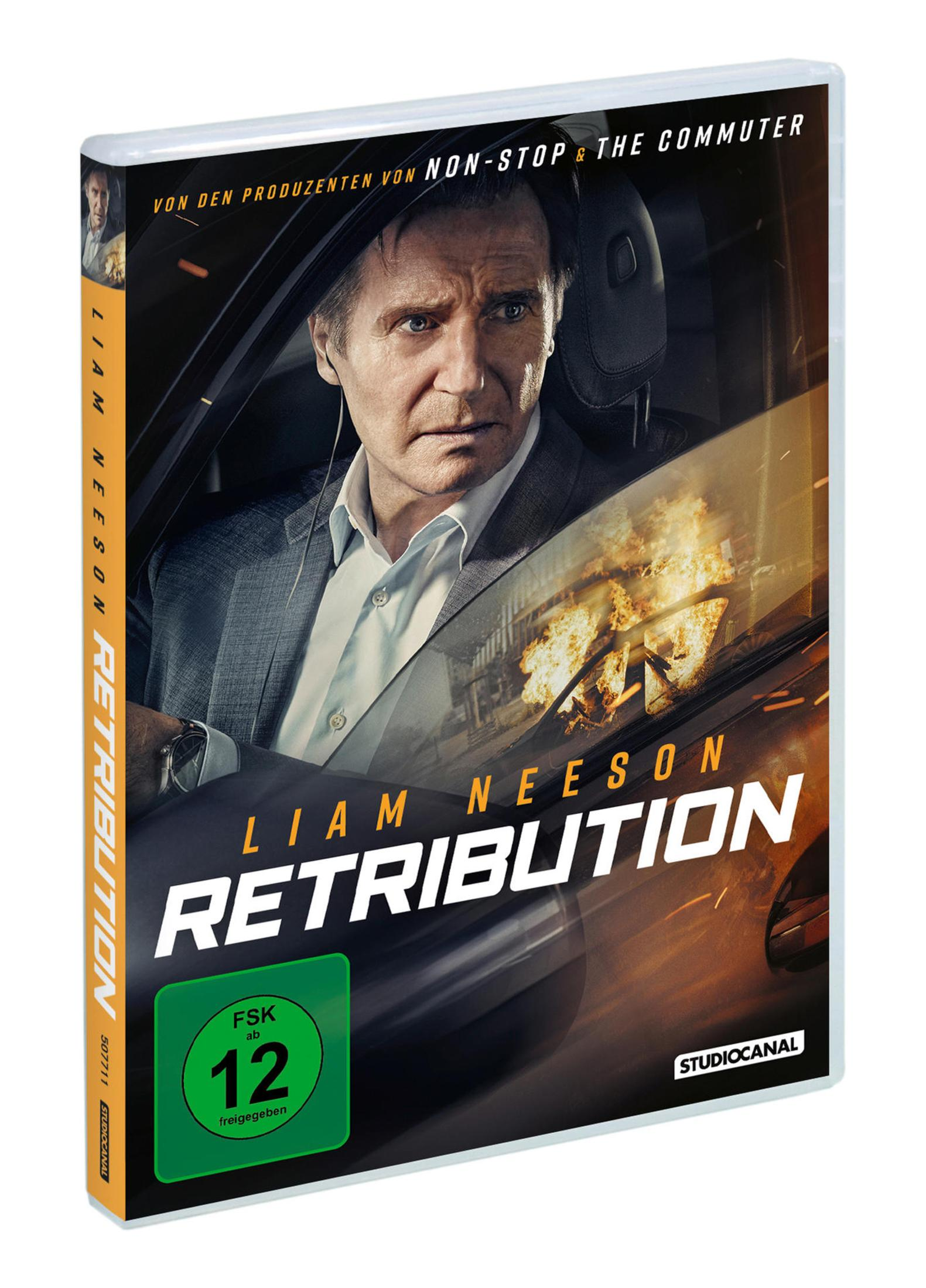 Blu-ray-Hülle des Films Retribution mit Liam Neeson im Auto vor einer brennenden Explosion.