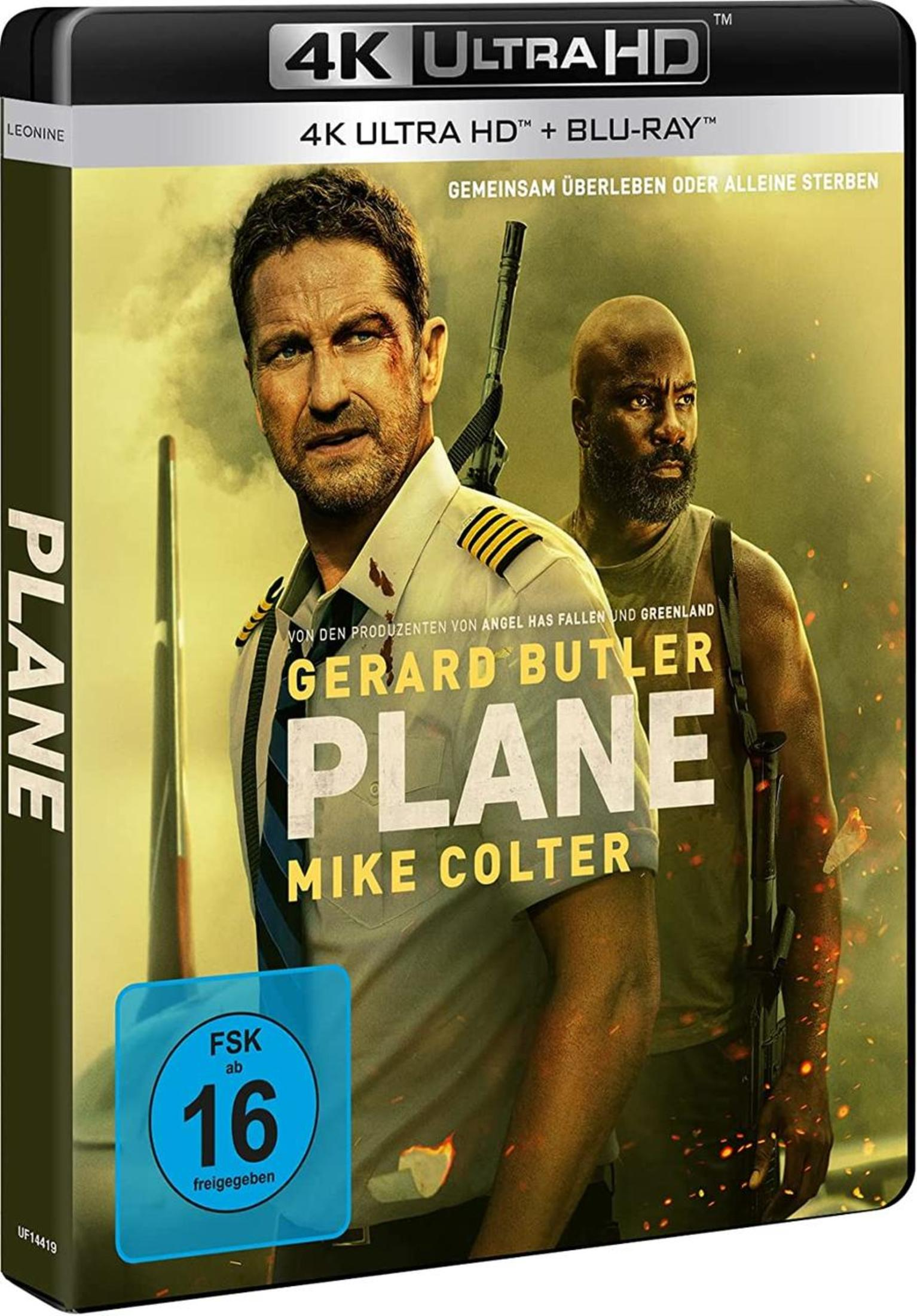 DVD-Cover des Films Plane mit Gerard Butler als Pilot und Mike Colter im Vordergrund vor verbranntem Hintergrund.