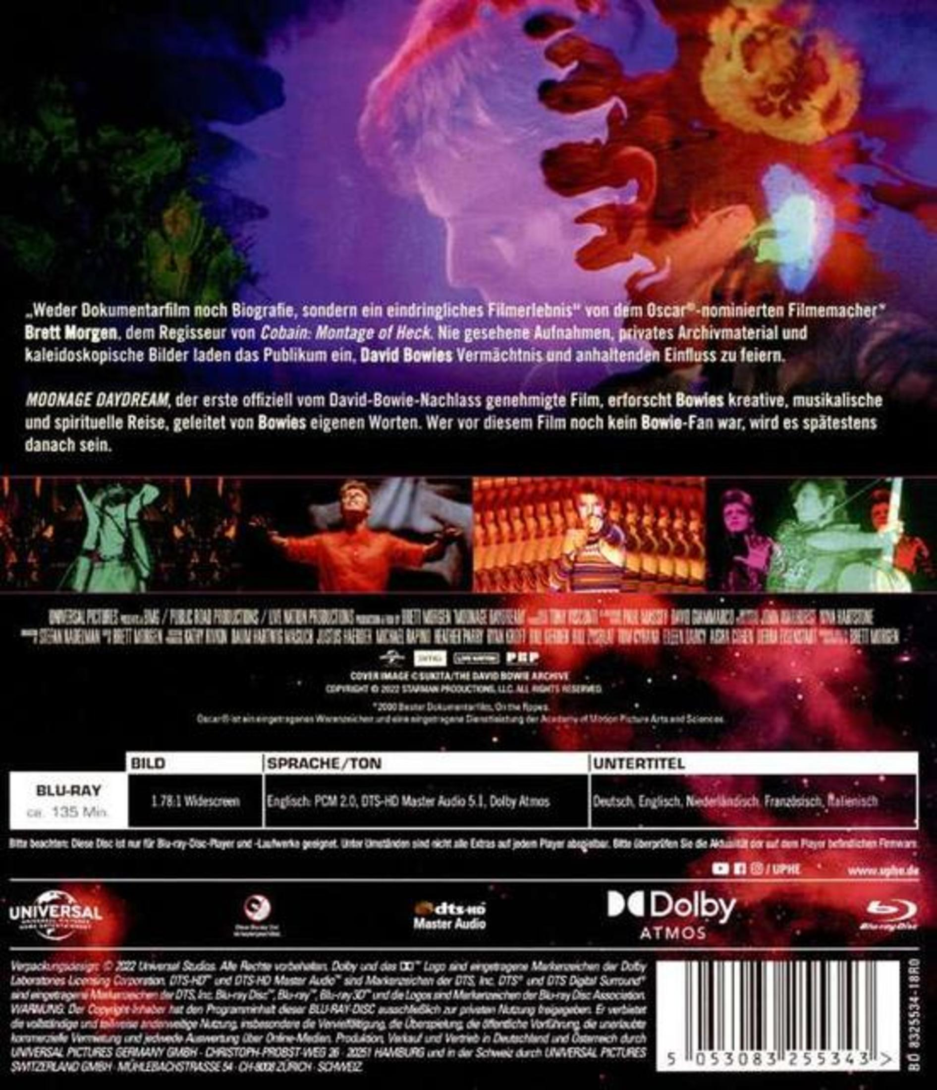 Rückseite einer Blu-ray-Hülle des Films Moonage Daydream mit Bildern von David Bowie und Text.