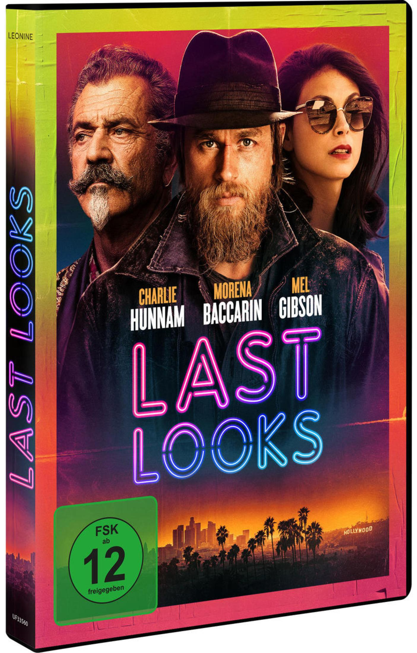 DVD-Cover des Films Last Looks mit den Schauspielern Charlie Hunnam, Morena Baccarin und Mel Gibson.