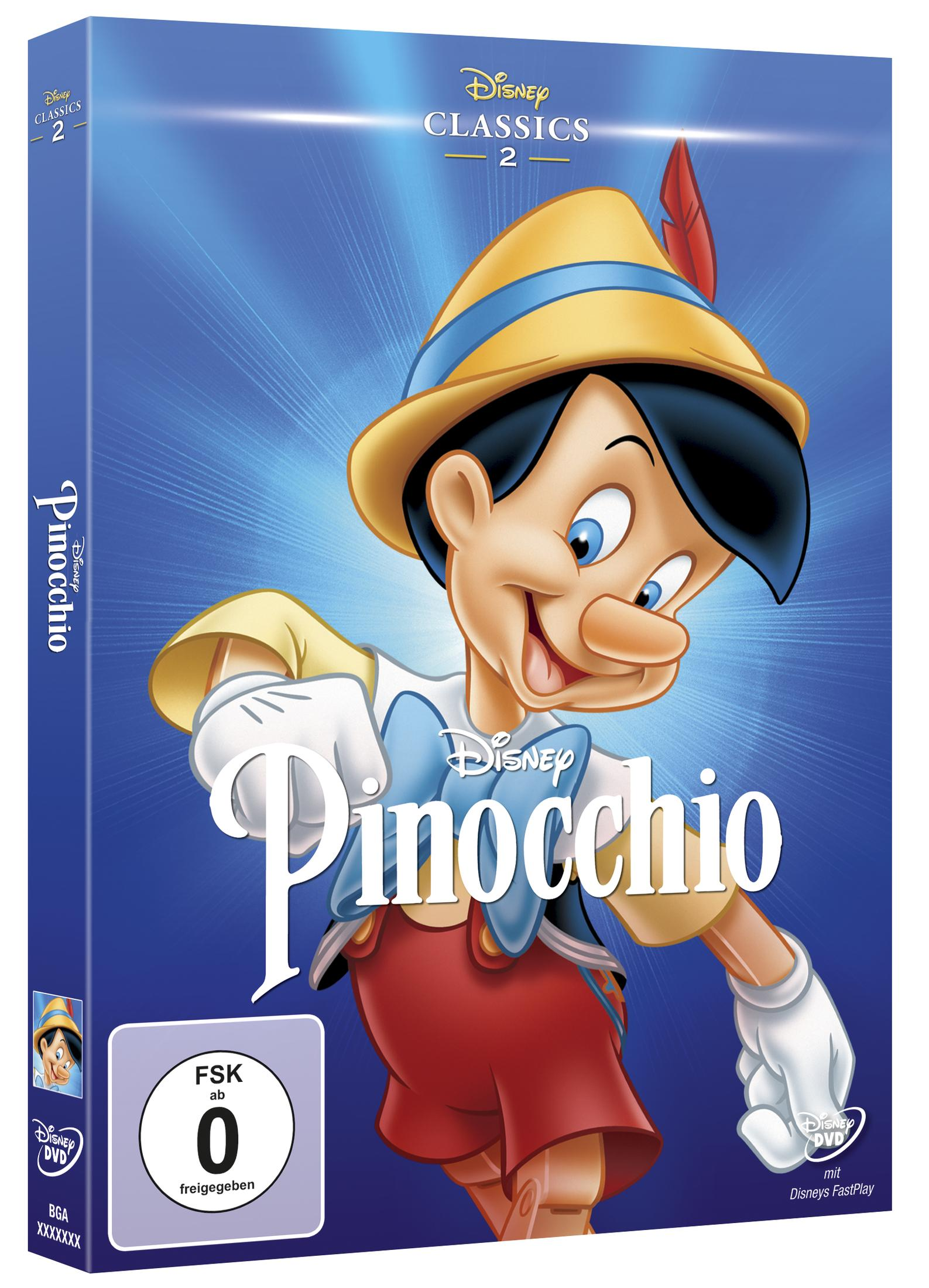 DVD-Cover von Disney Classics Pinocchio mit der Puppenfigur vor blauem Leuchthintergrund.