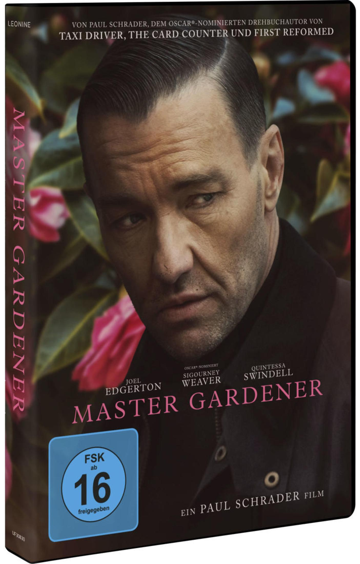 DVD-Cover von Master Gardener mit Joel Edgerton vor einem Gartenhintergrund und FSK-16-Logo.