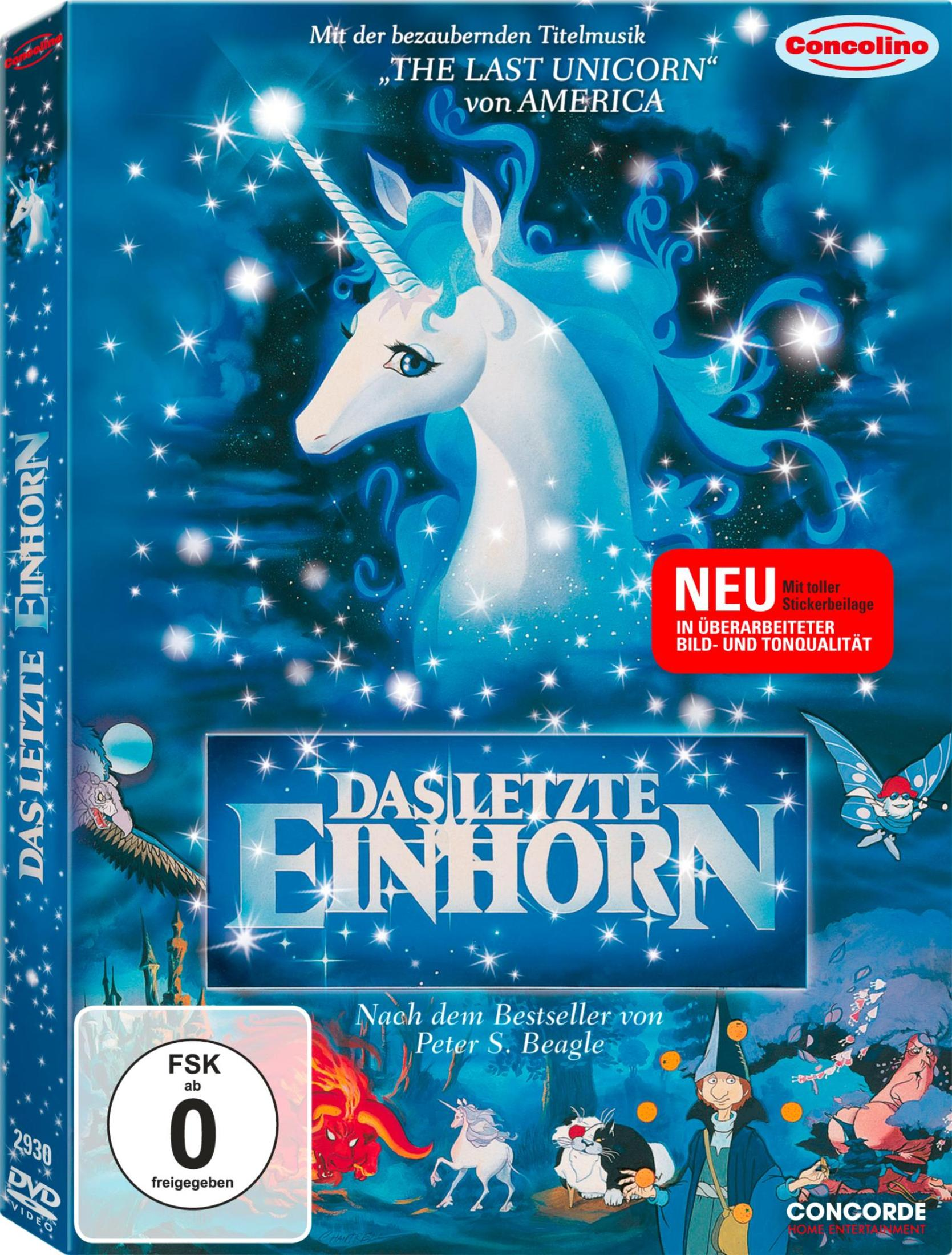 DVD-Cover von Das letzte Einhorn mit dem weißen Einhorn, blauer magischer Hintergrund und anderen Charakteren.