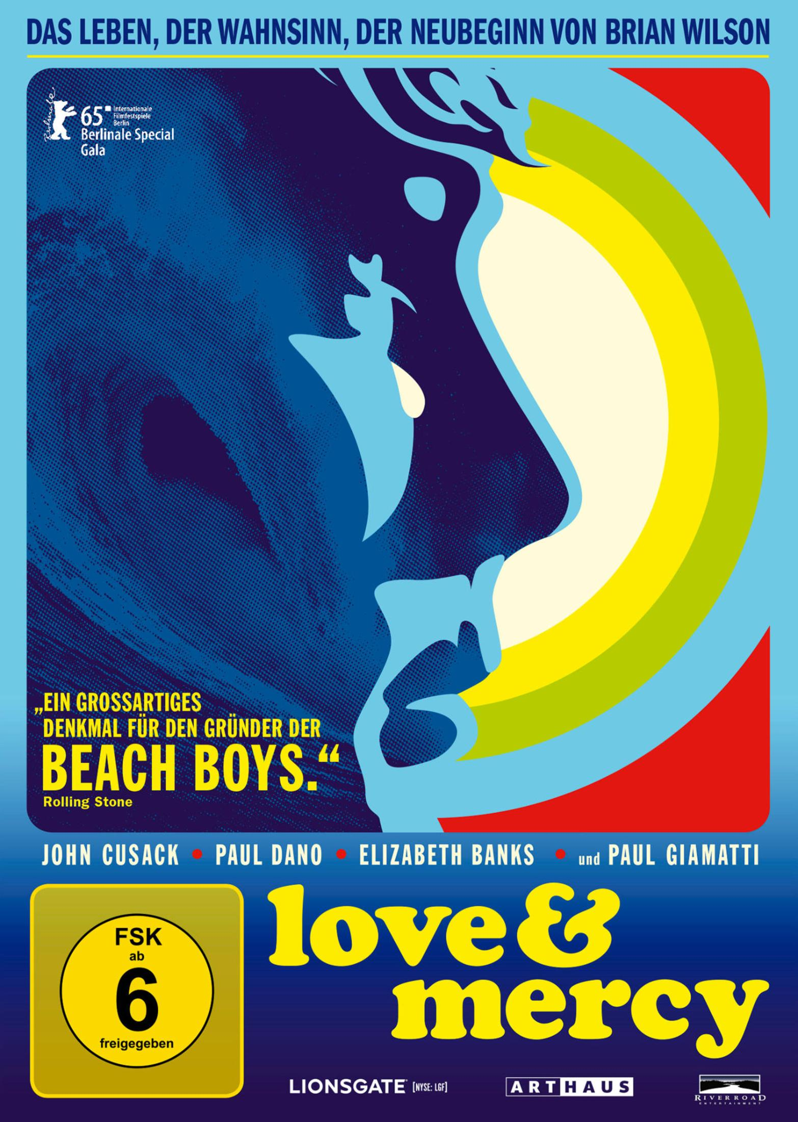 Filmplakat für Love & Mercy mit blauer Profilsilhouette und farbigen Ringen.