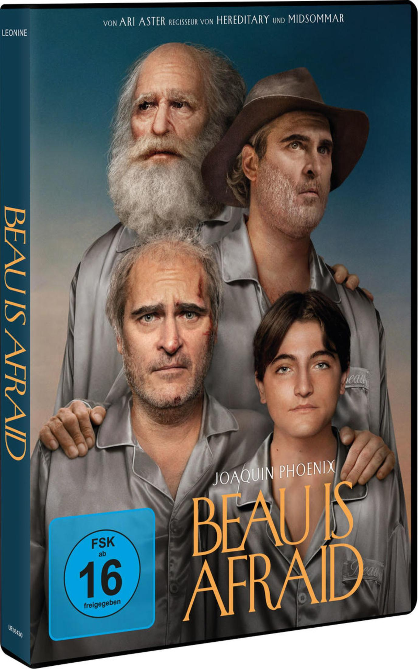 DVD-Cover von Beau Is Afraid mit Joaquin Phoenix und vier verschiedenen Versionen derselben männlichen Figur.
