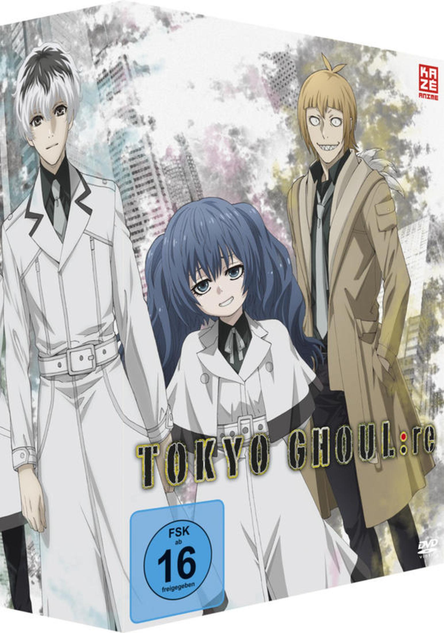 DVD-Cover von Tokyo Ghoul:re mit drei Anime-Charakteren vor einer zerstörten Stadt und einem blauen FSK-16-Logo.