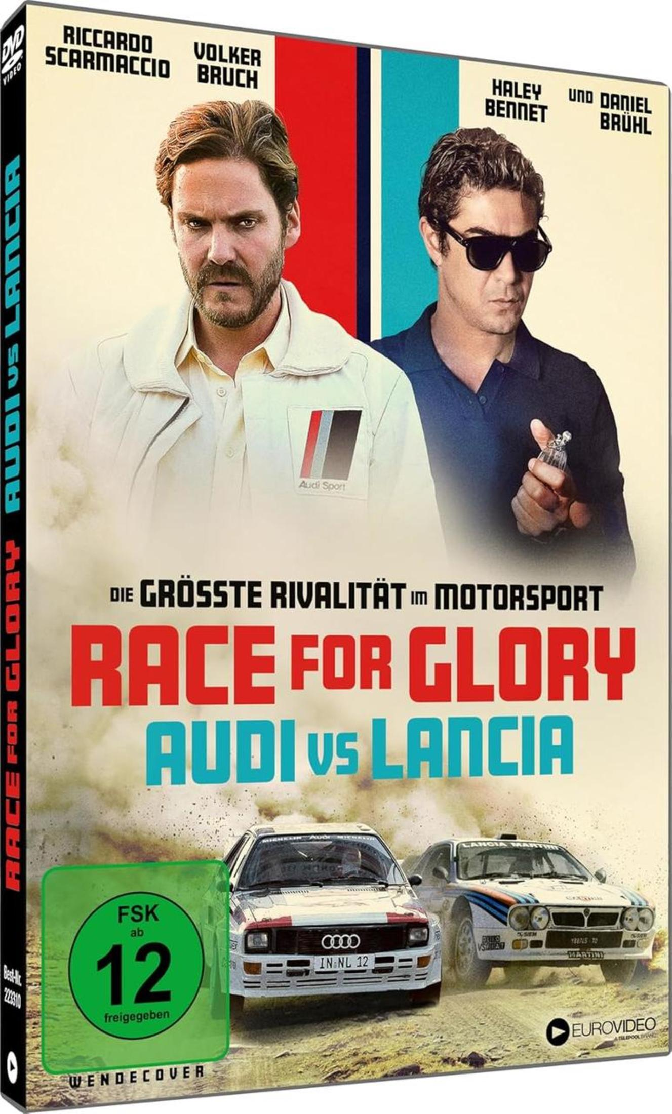 DVD-Cover von Race for Glory: Audi vs Lancia mit zwei Männern und zwei Rennwagen im Sand.