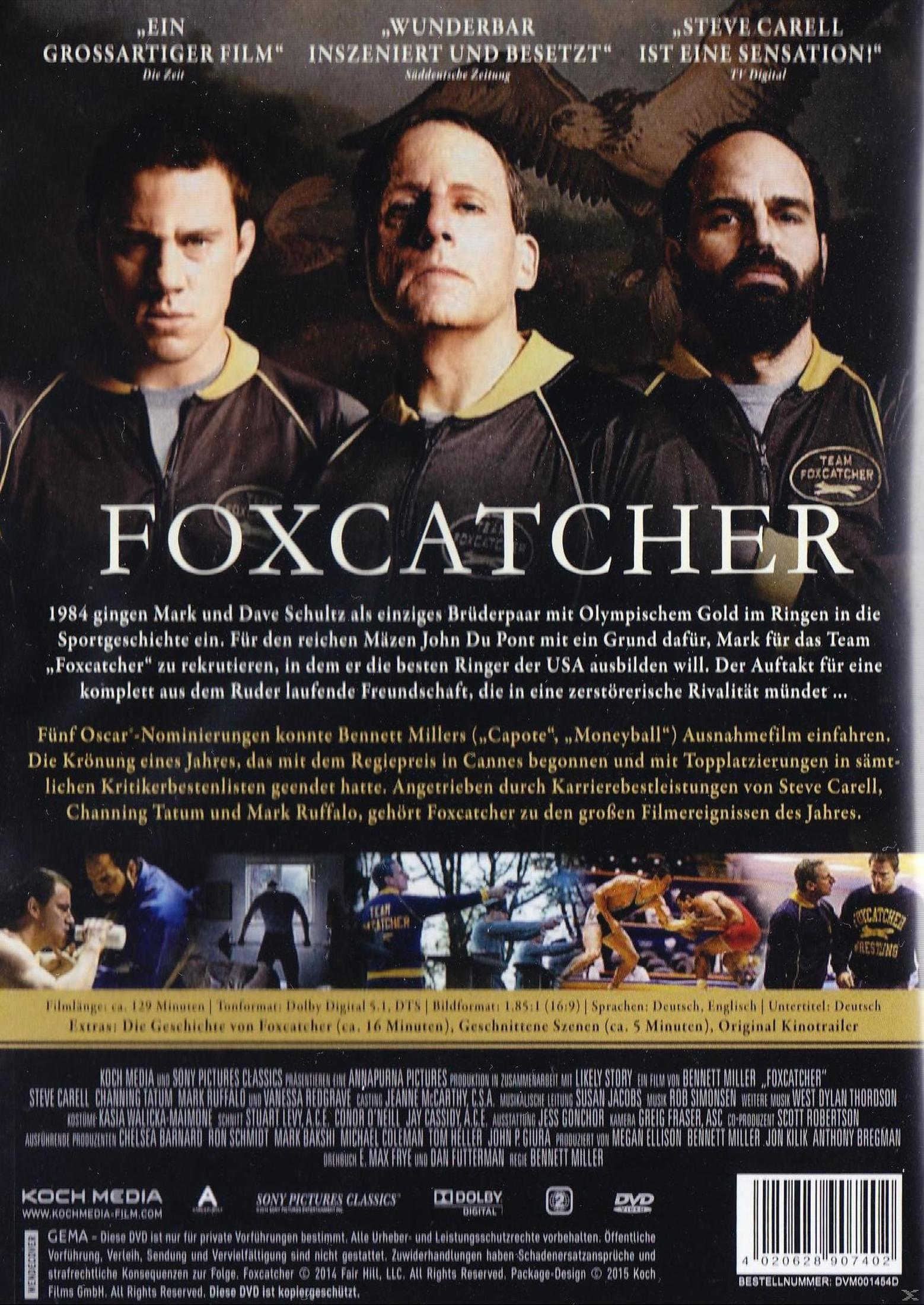 Rückseite der DVD-Hülle des Films Foxcatcher mit drei Hauptdarstellern, Handlungstext und Szenenbildern.