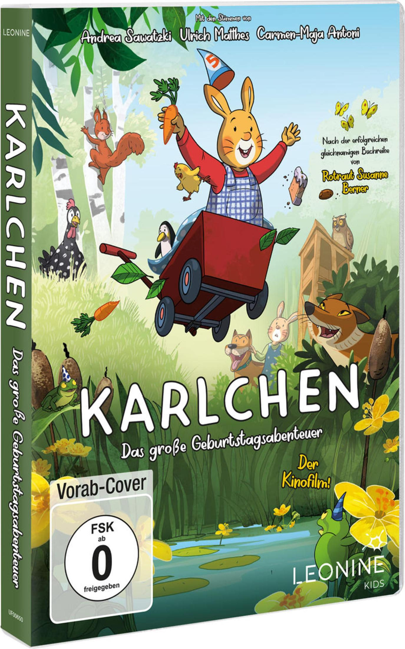 Animationsfilmcover mit einem Hasen in einem roten Wagen, umgeben von Waldtieren und Pflanzen.