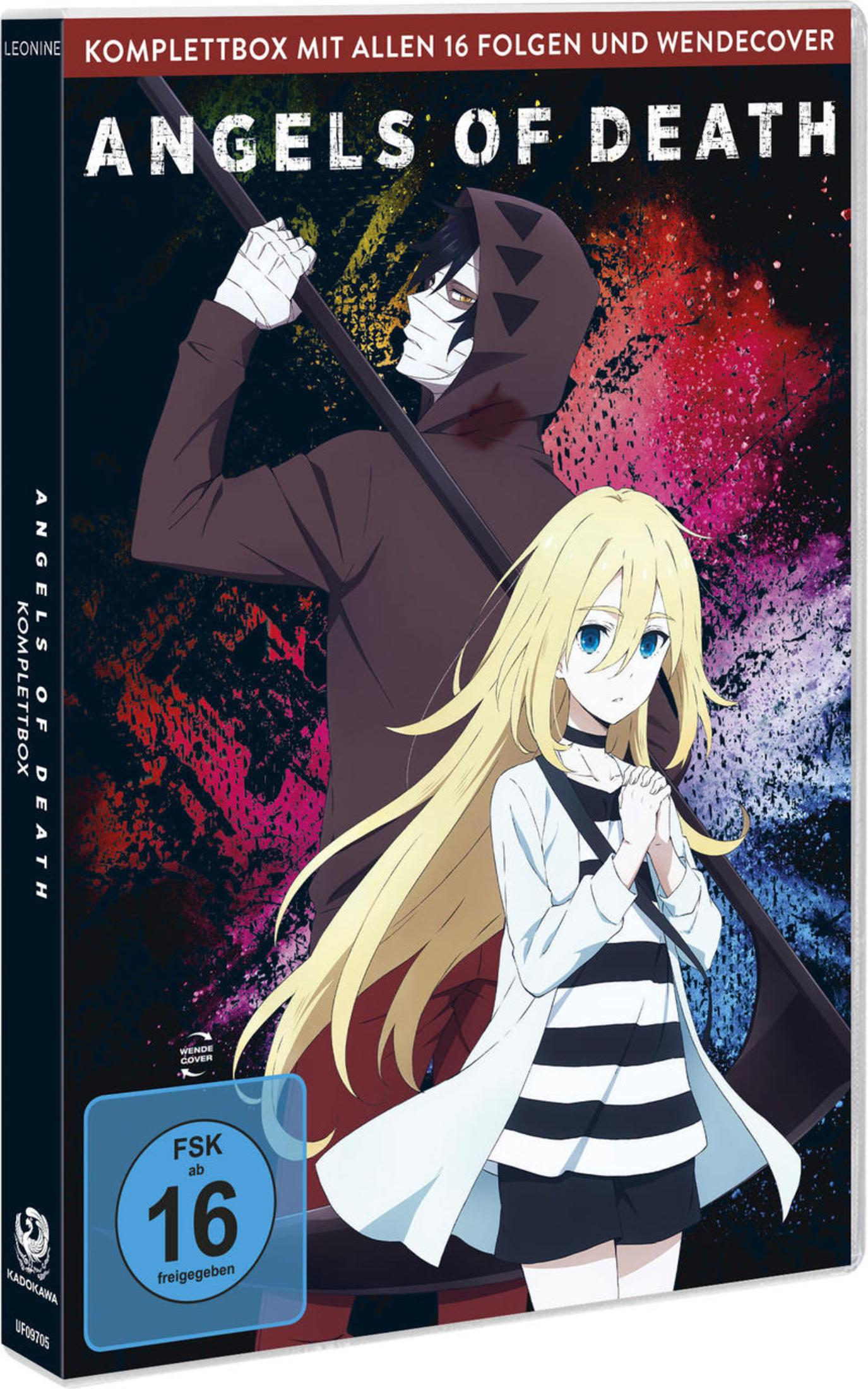 Anime-Cover mit einem Mädchen im Vordergrund und einem maskierten Mann mit Sense im Hintergrund vor buntem Hintergrund.