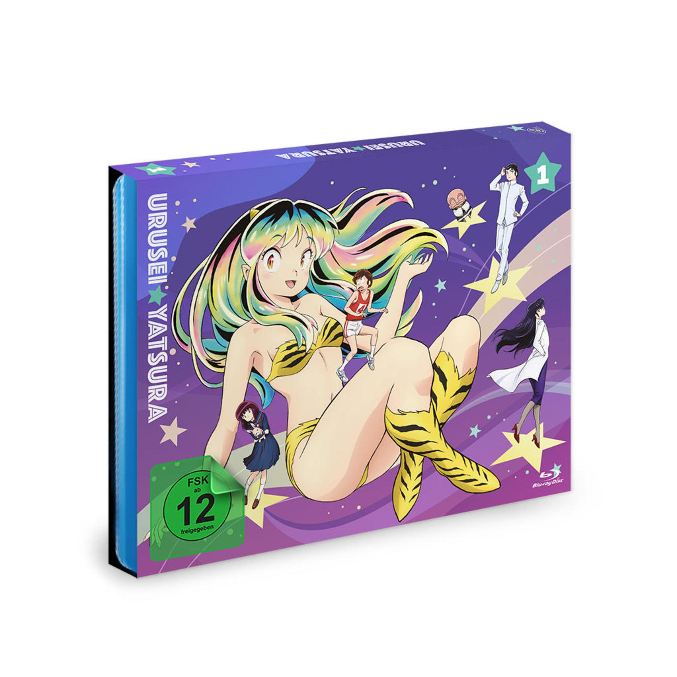 Lila Blu-ray-Box von Urusei Yatsura Band 1 mit Anime-Figuren vor Weltraumhintergrund.