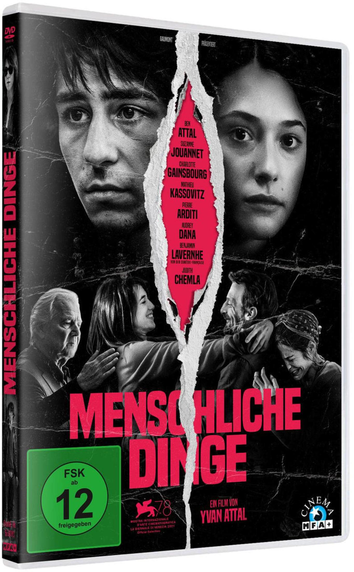 DVD-Cover von Menschliche Dinge in Schwarz-Weiß mit roten Schriftzügen und vier Gesichtern.