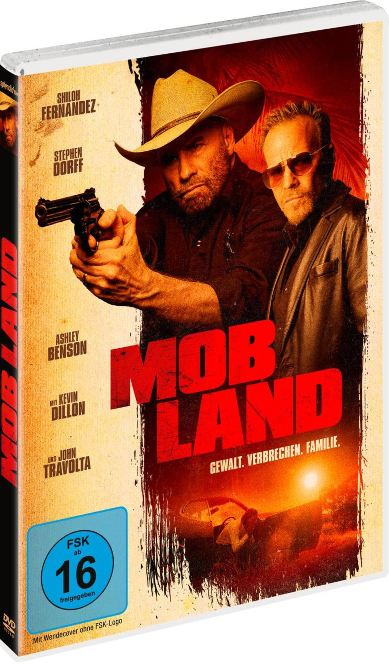 DVD-Cover von Mob Land mit John Travolta und Stephen Dorff vor einem roten Sonnenuntergang.