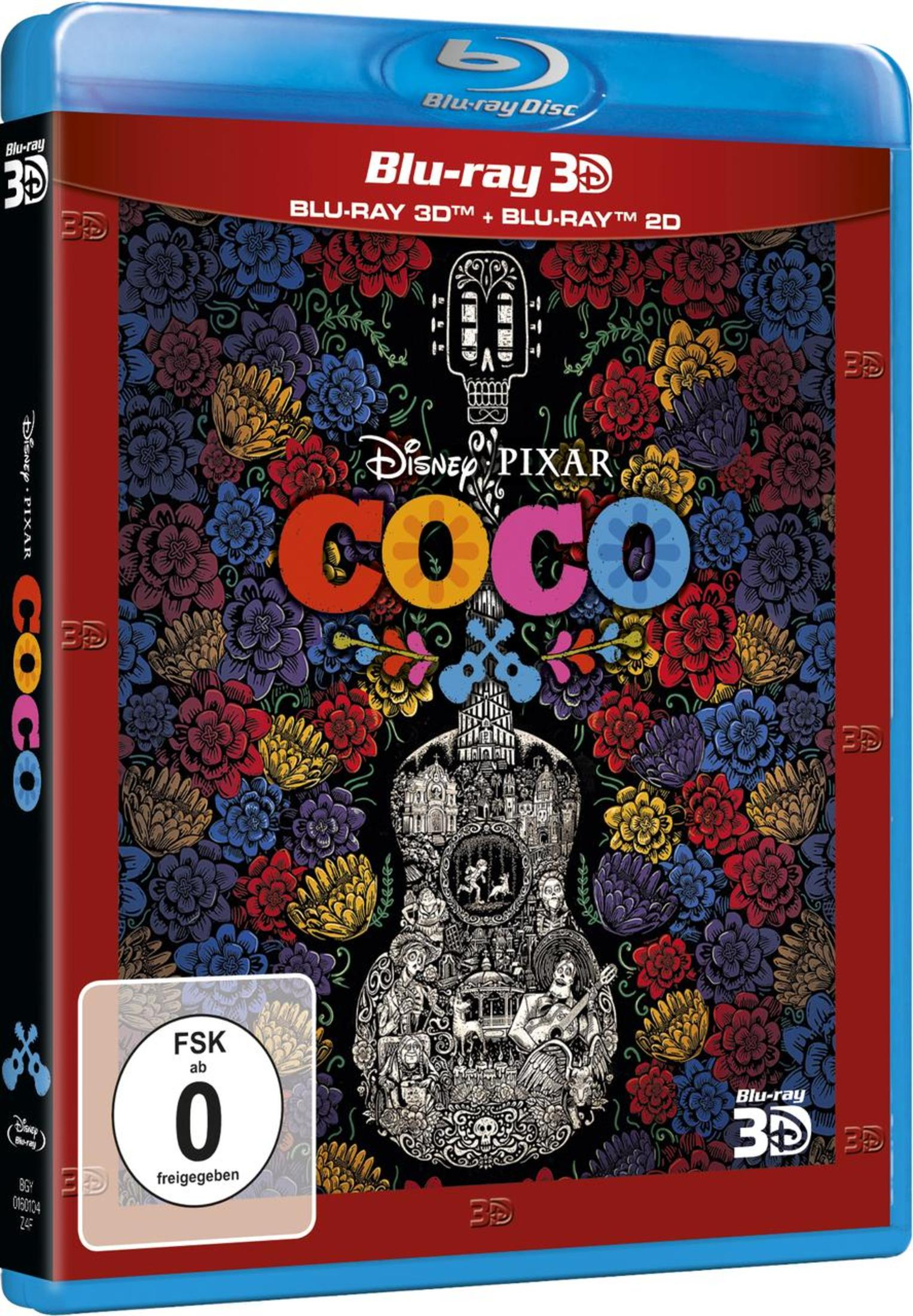 Disney Pixar Coco Blu-ray 3D Hülle mit bunten Blumenmustern, Totenkopf und zentralem Gitarren-Design.