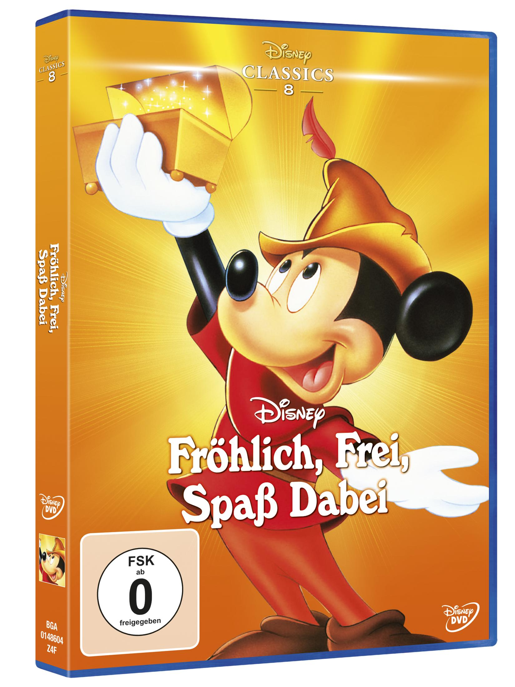 Micky Maus hält ein goldenes, glänzendes Kästchen vor einem gelben Hintergrund hoch, mit dem Titel Fröhlich, Frei, Spaß Dabei.