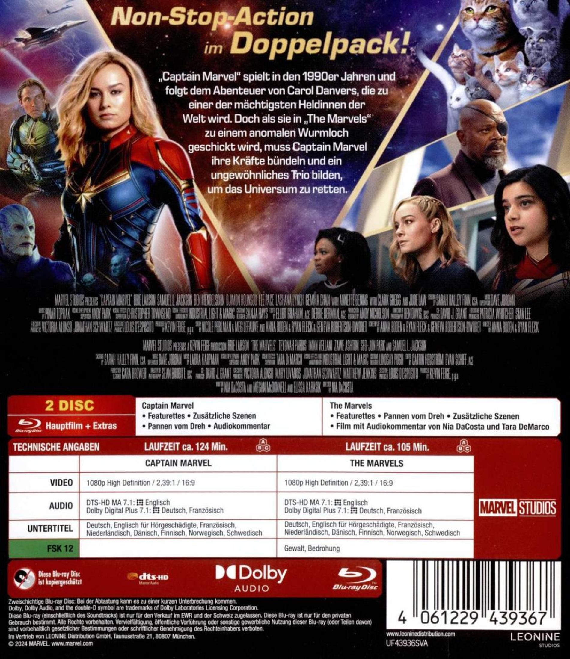 DVD-Hülle von Captain Marvel und The Marvels mit Charakteren, Text und technischen Angaben.