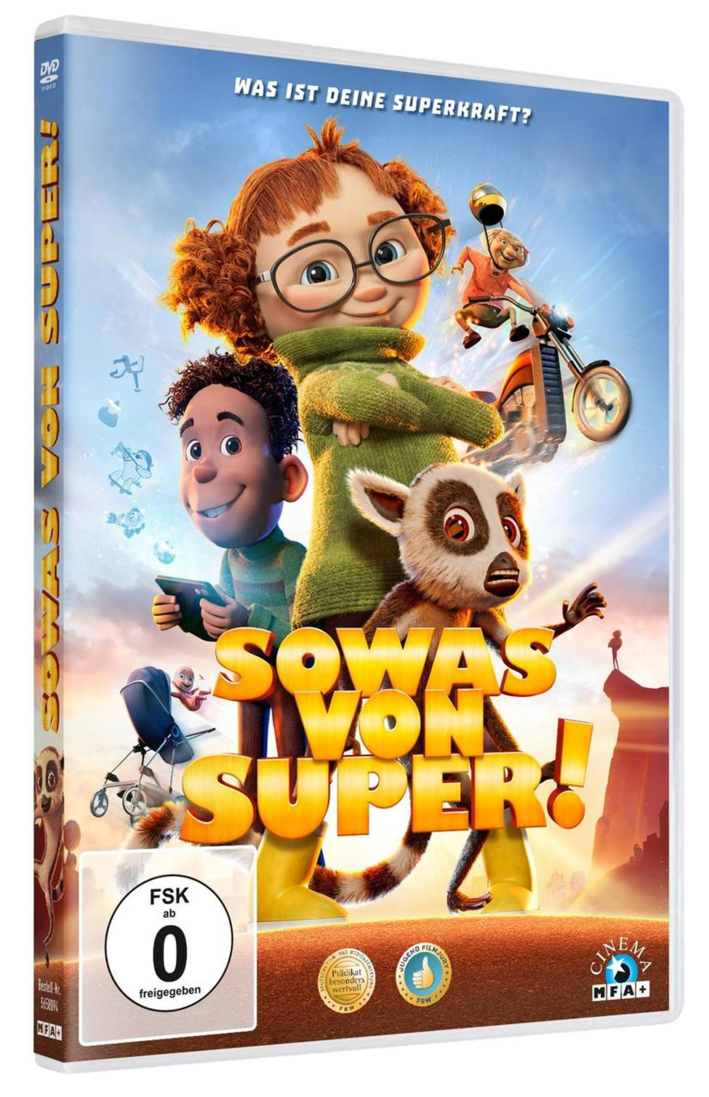 DVD-Hülle von 'Sowas von super!' mit animierten Charakteren, Lemur und einem FSK 0 Siegel.