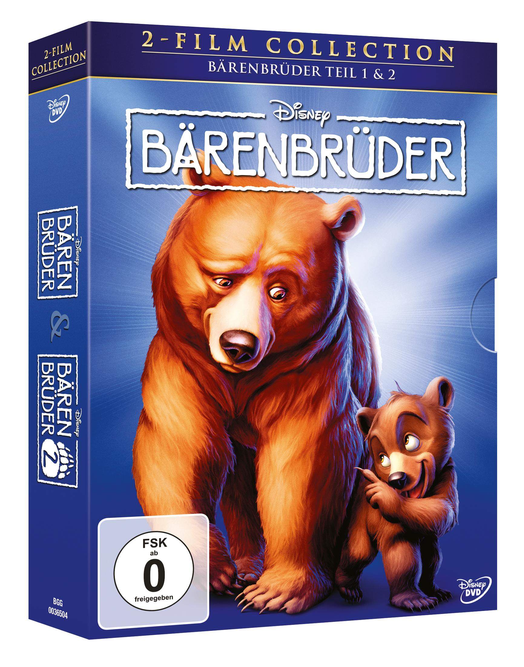 DVD-Cover von Disney Bärenbrüder Teil 1 & 2 mit zwei Braunbären vor blauem Hintergrund und FSK-0-Logo.