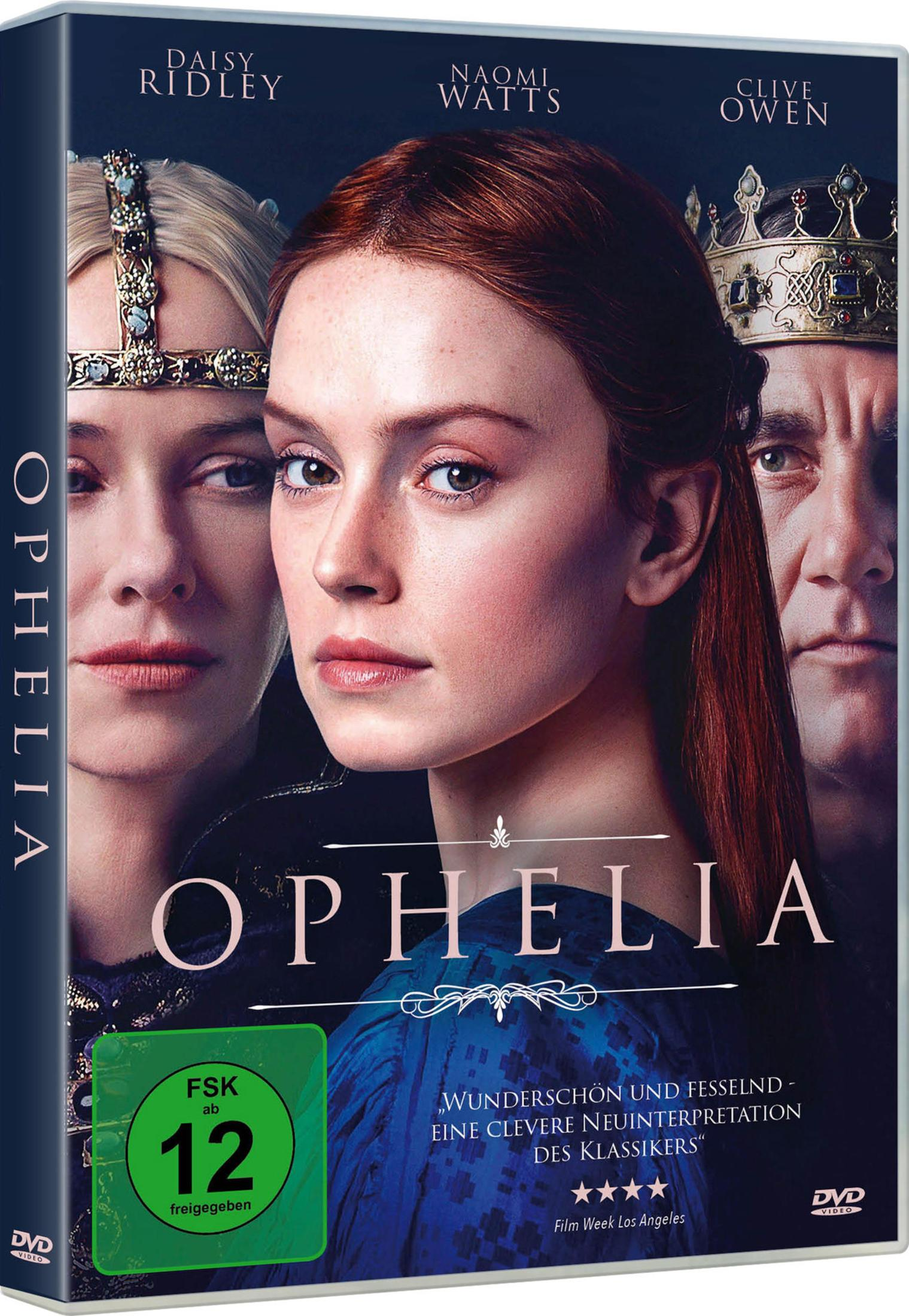 DVD-Cover des Films Ophelia mit Daisy Ridley, Naomi Watts und Clive Owen.