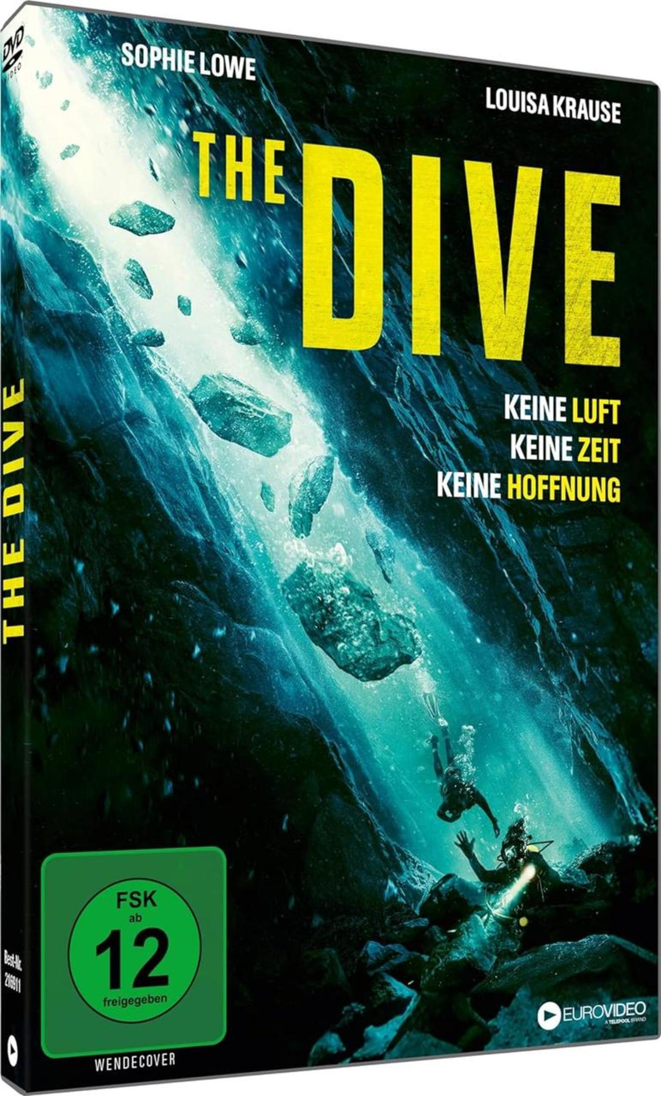 DVD-Cover des Films "The Dive" mit fallenden Steinen und Tauchern unter Wasser.