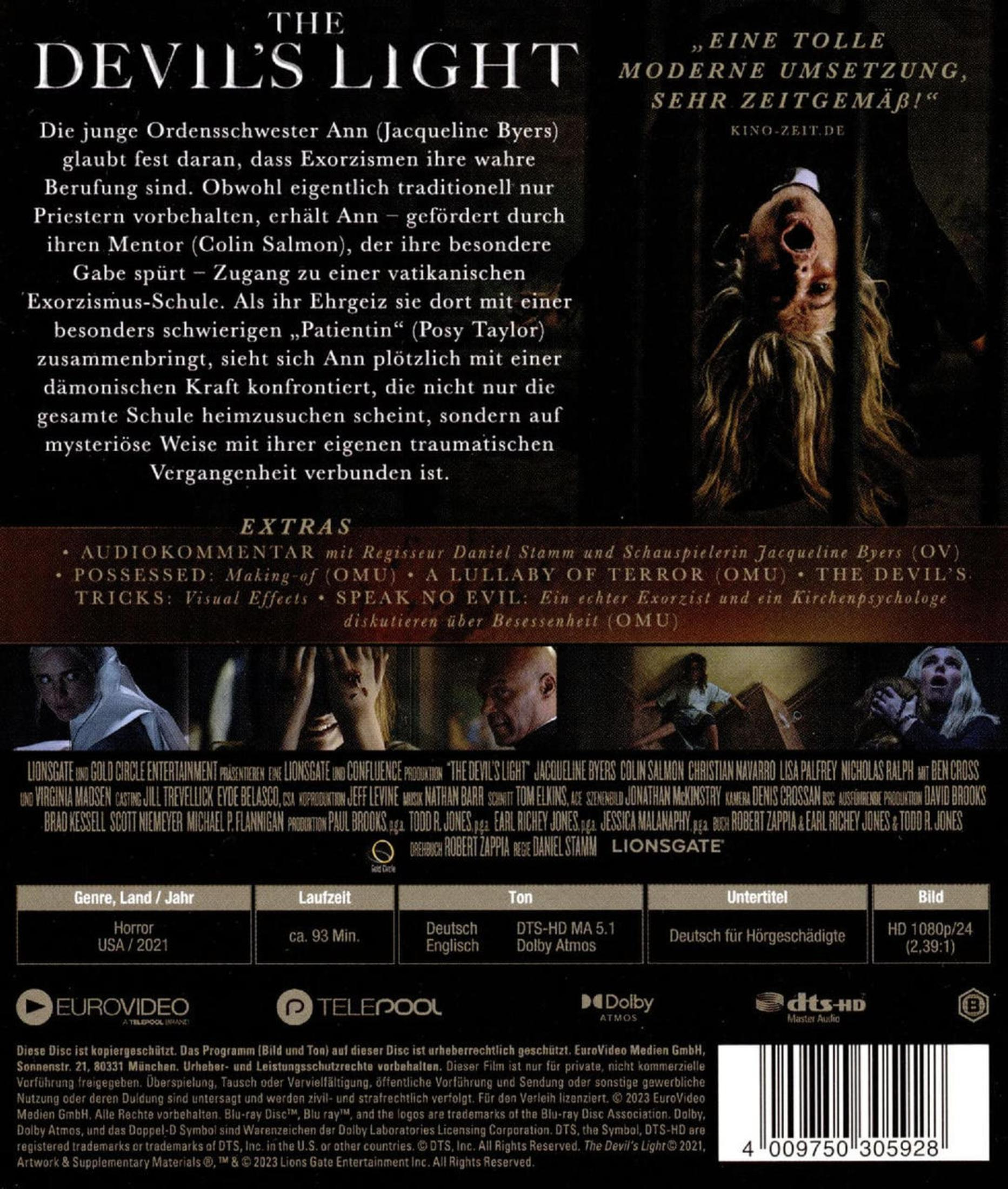 DVD-Rückseite des Horrorfilms The Devil's Light mit Text, Filmplakat und technischen Details.