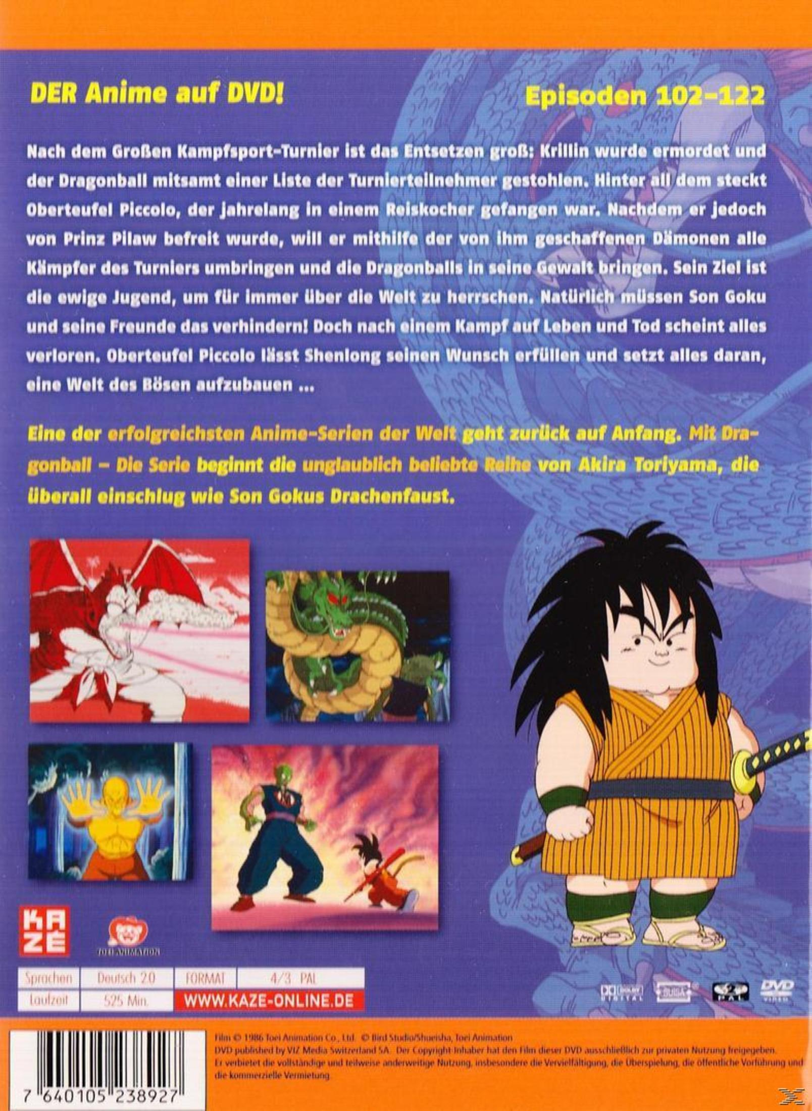 DVD-Rückseite von Dragonball mit Anime-Grafiken, Text und Szenenbildern.