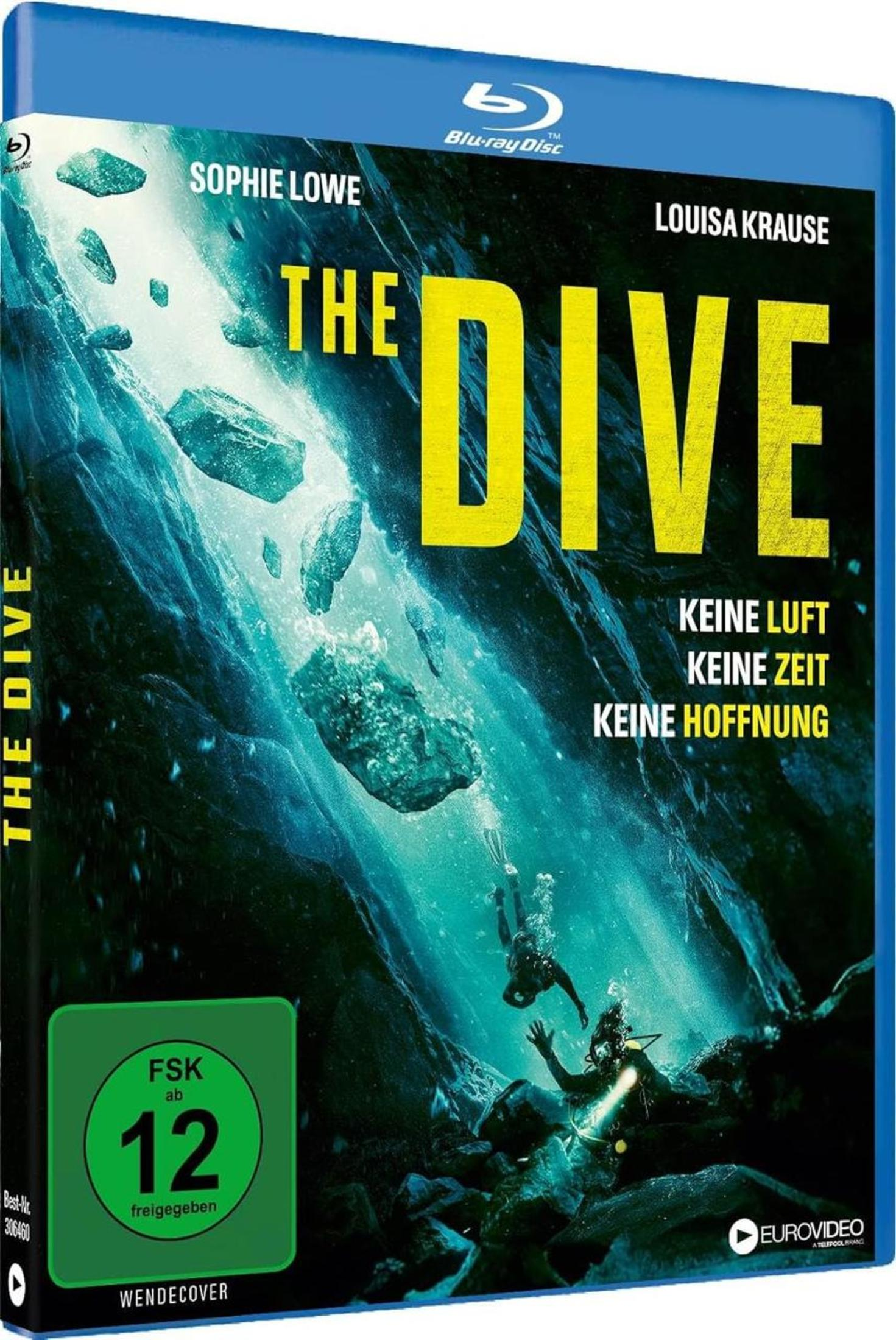 Blu-ray-Cover von 'The Dive' mit Tauchern unter Wasser, herabfallenden Steinen und dem Titel in gelber Schrift.