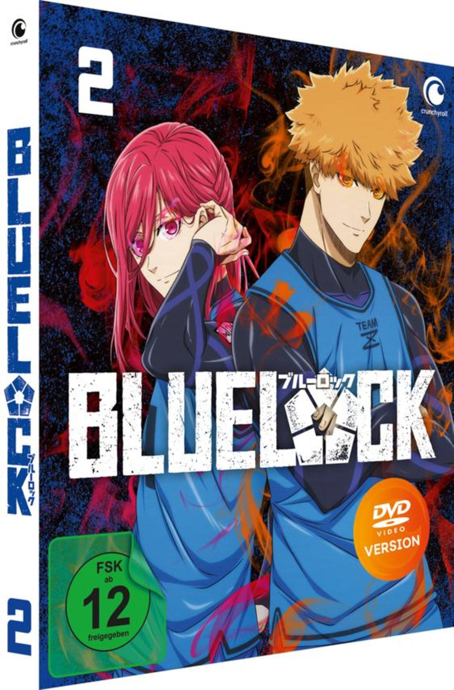 Blue Lock Anime-DVD Vol. 2 mit zwei Charakteren vor blau-oranger Hintergrund.