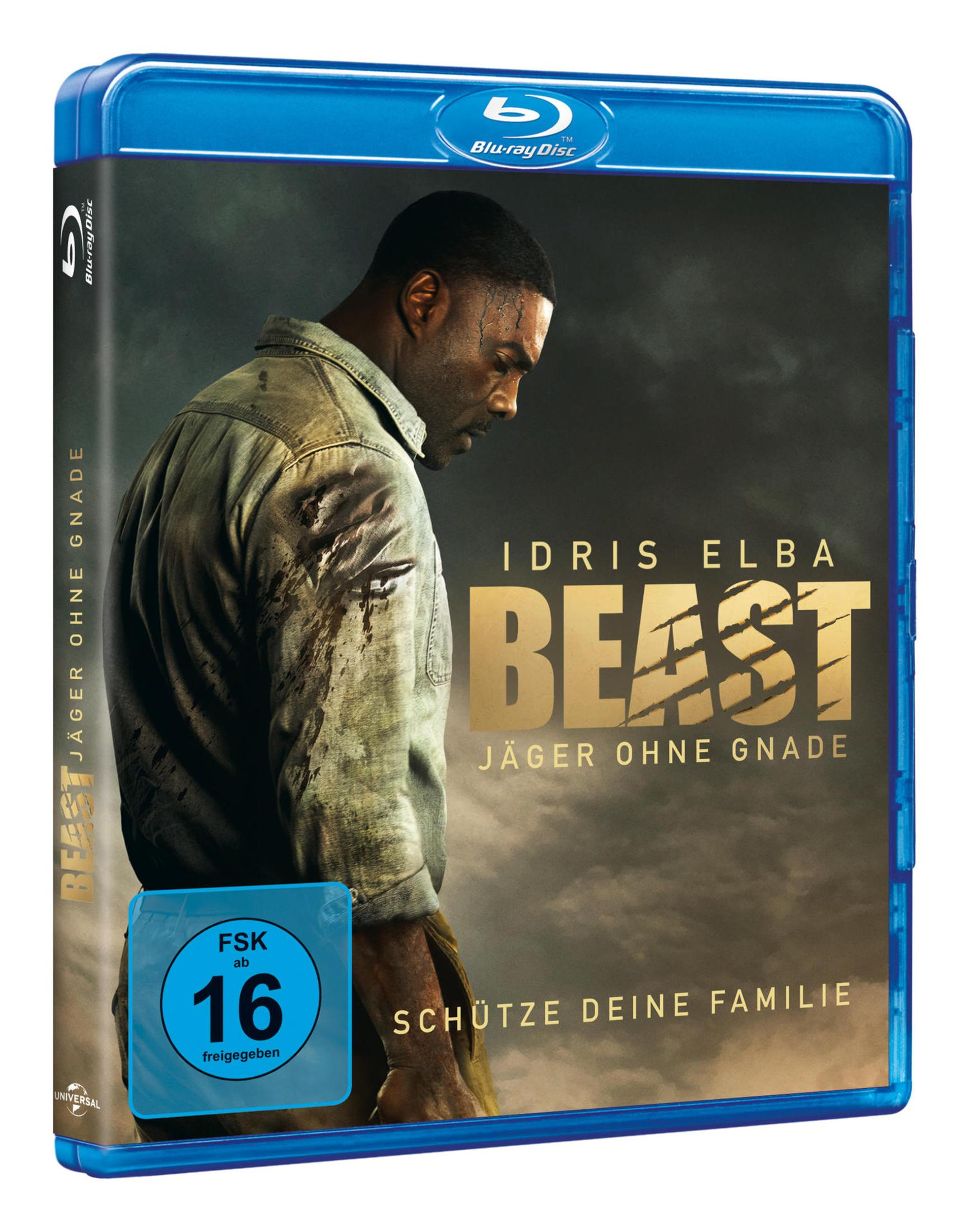 Blu-ray-Hülle des Films Beast mit Idris Elba in schmutziger Kleidung vor dunklem Hintergrund.