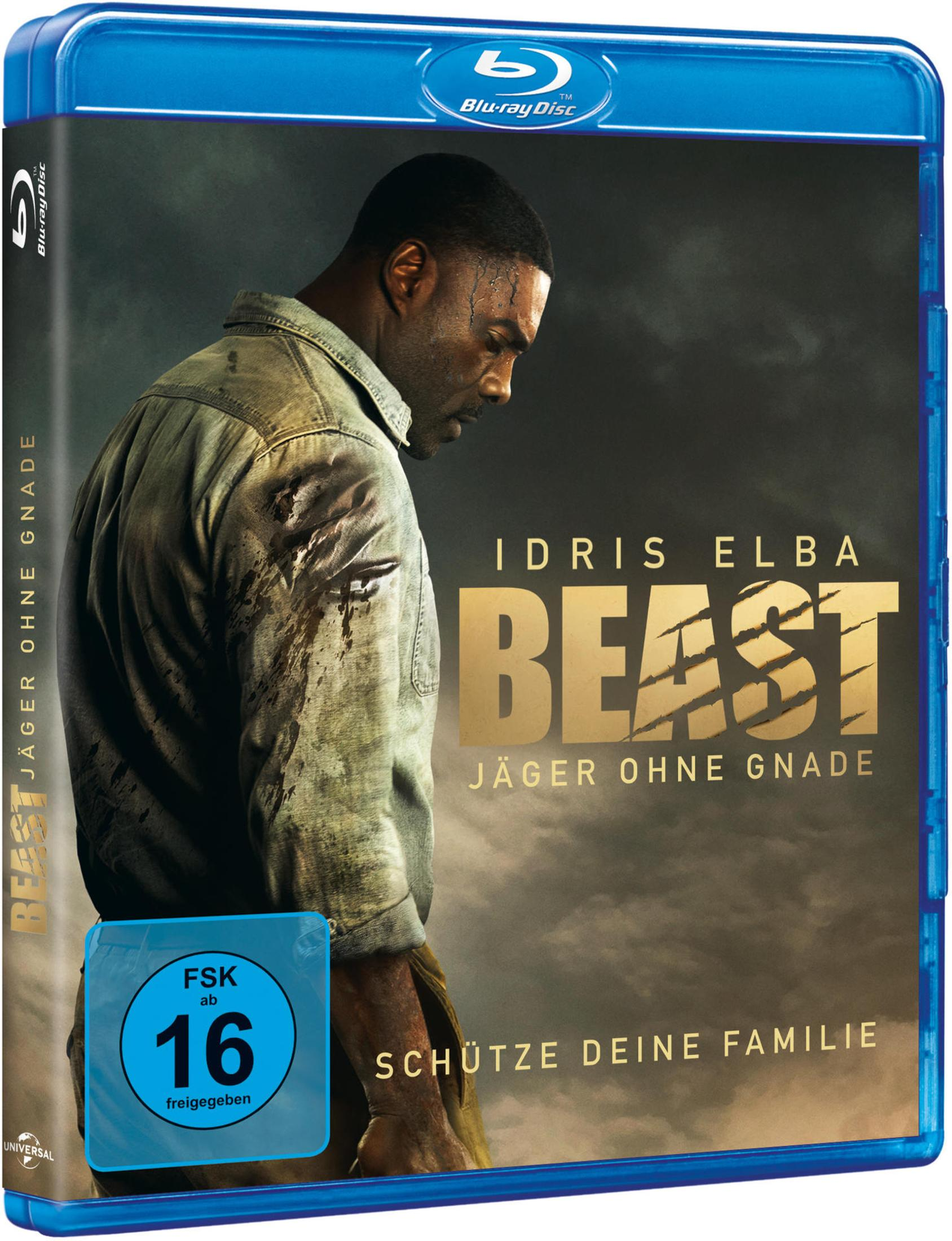 Blu-ray-Hülle des Films Beast mit Idris Elba, der verletzt in einem Hemd vor dunklem Hintergrund steht.