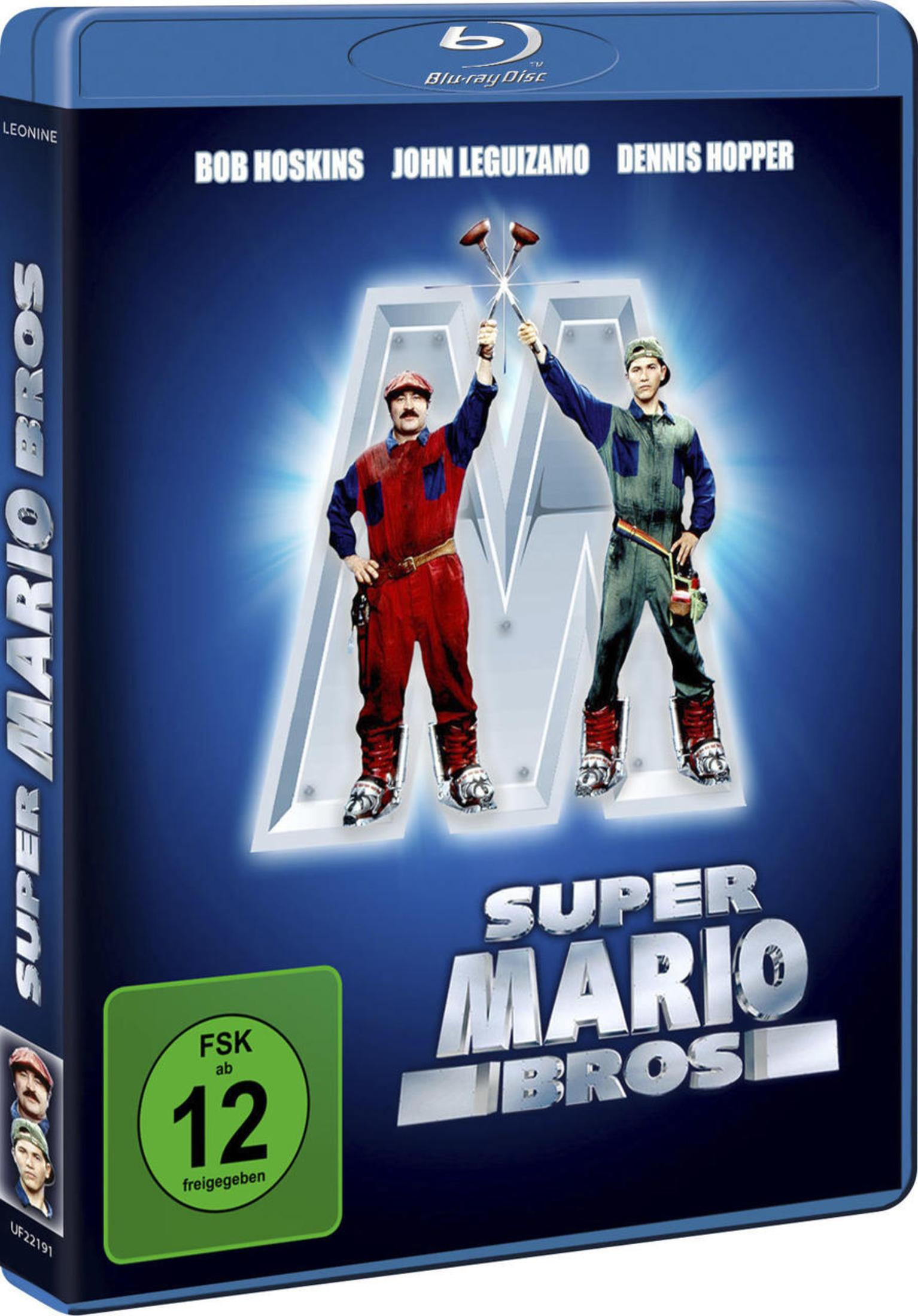 Blu-ray-Hülle von Super Mario Bros. mit zwei Klempnern vor einem großen silbernen M.