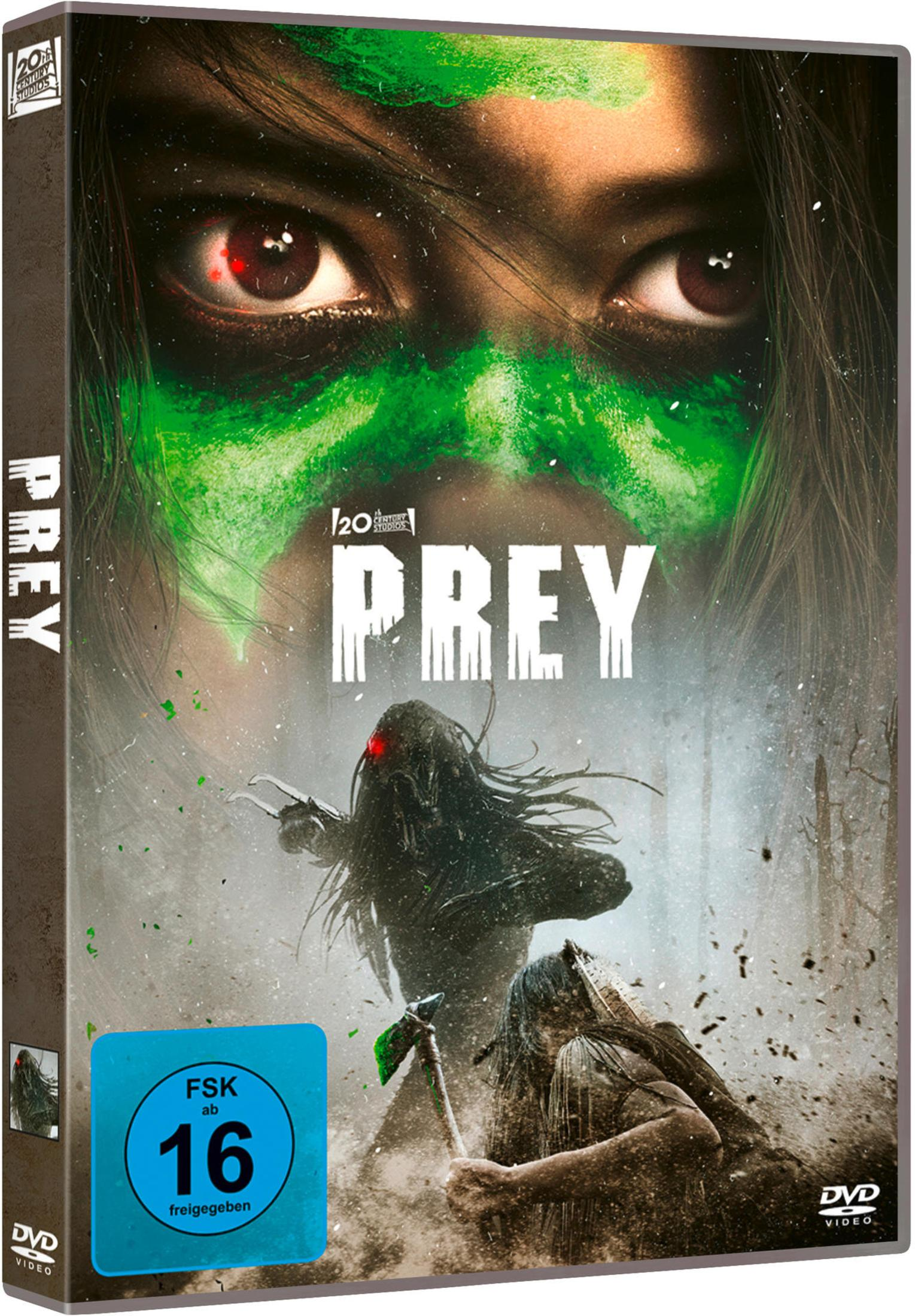DVD-Cover von Prey mit den Augen einer Frau mit grüner Bemalung, einem Predator und einer Kriegerin mit Axt.