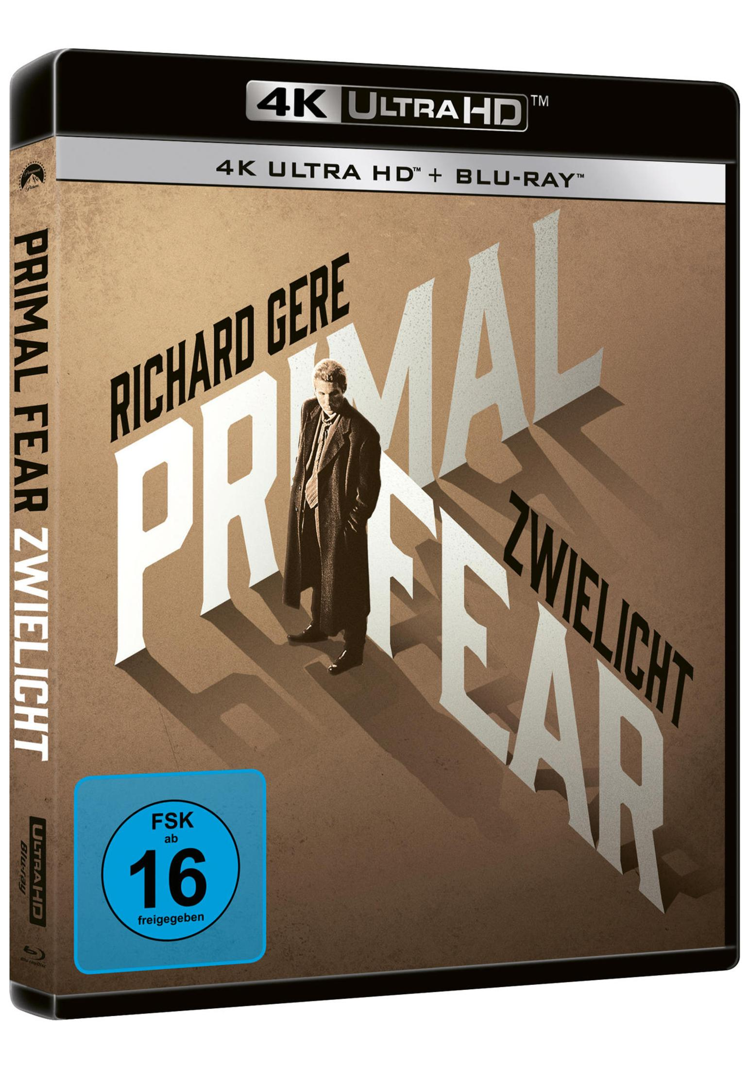 Primal Fear 4K Ultra HD Blu-ray Hülle mit Richard Gere vor braunem Hintergrund und FSK 16 Logo.