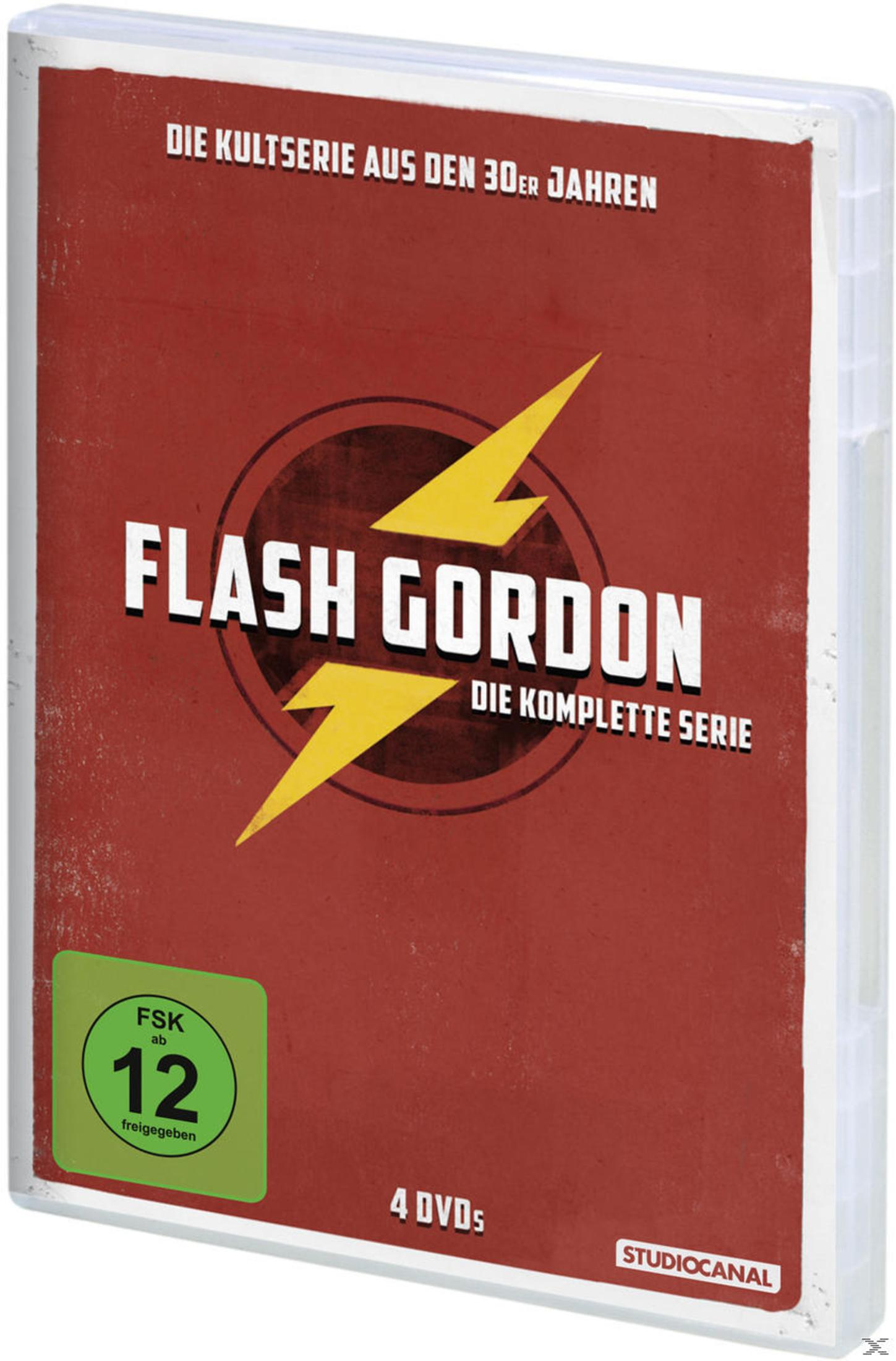 DVD-Hülle von Flash Gordon, die komplette Serie, mit rotem Cover, gelbem Blitz und FSK-12-Logo.
