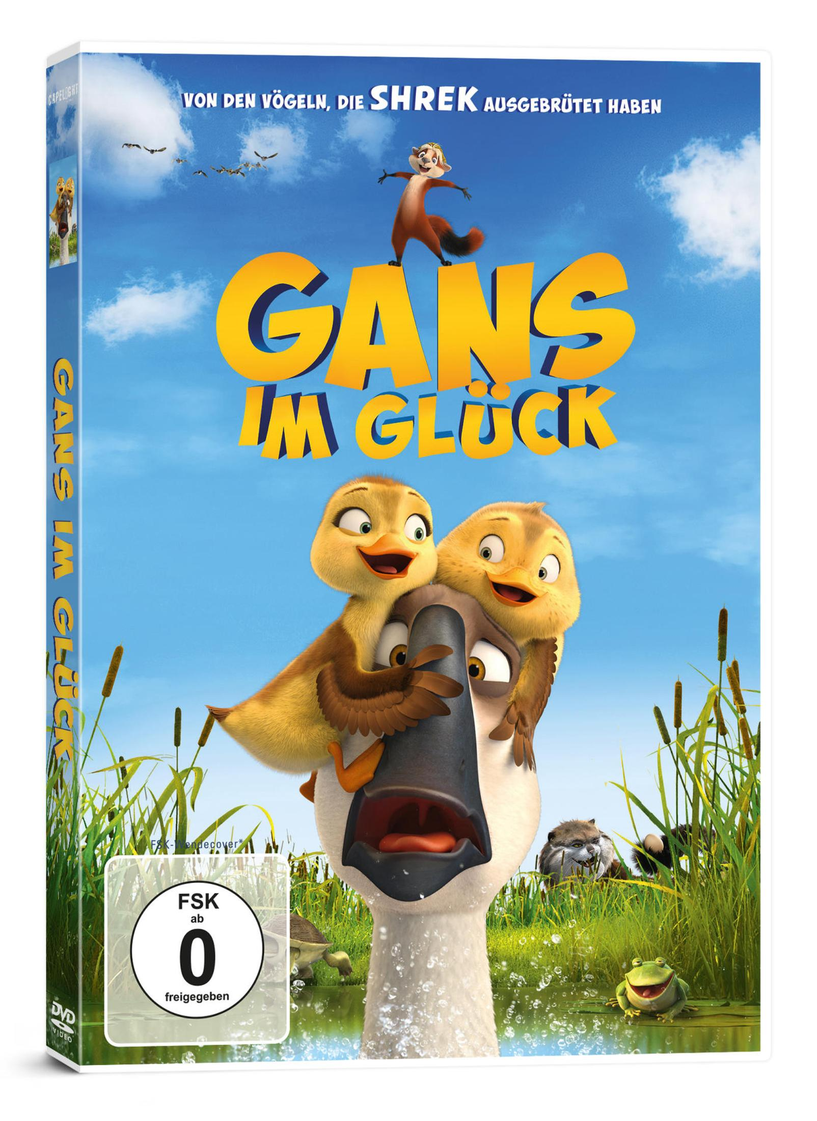 DVD-Cover von Gans im Glück mit einer Gans, Küken und anderen Tieren vor blauem Himmel.