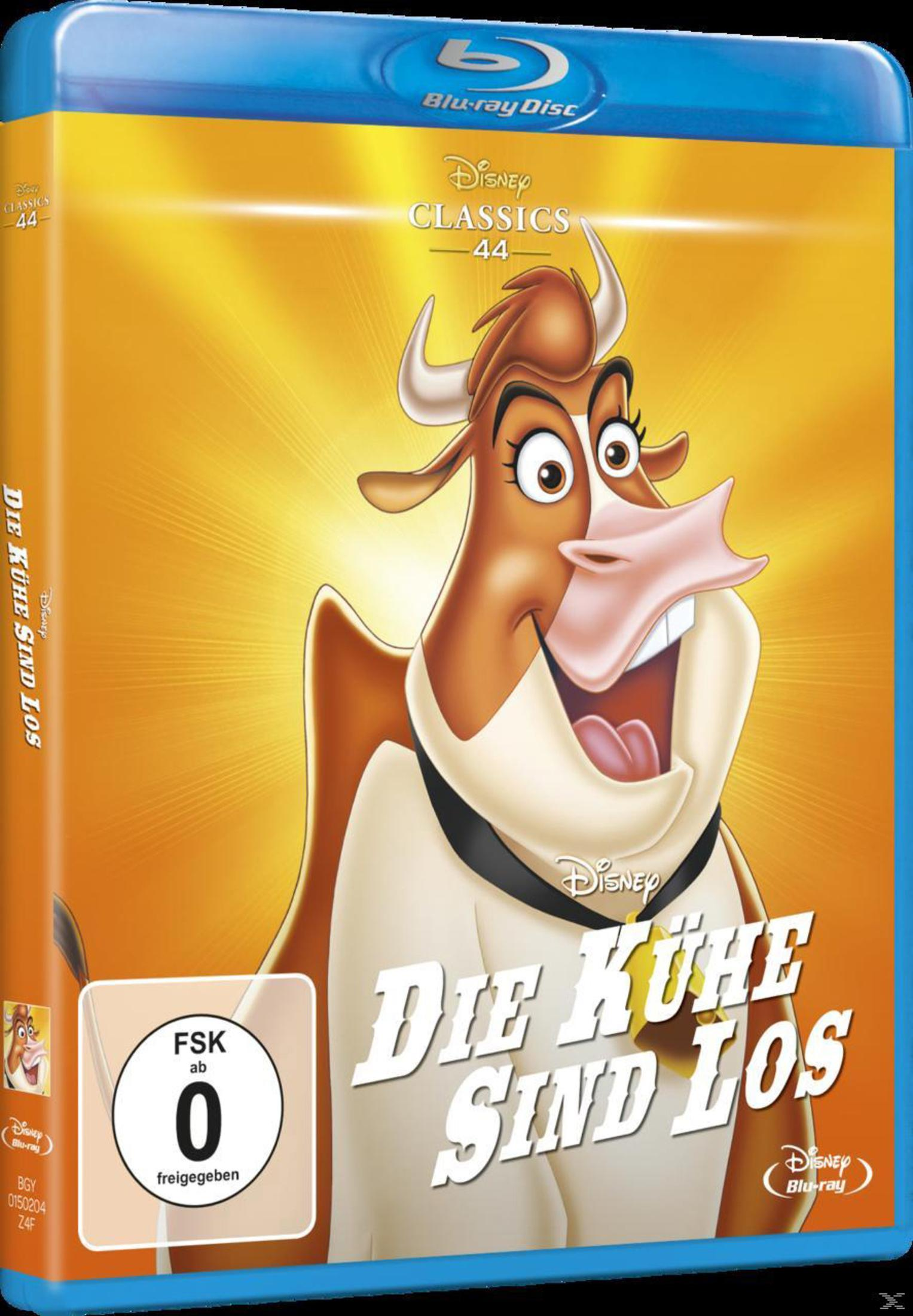 Blu-ray-Hülle für Disney Classics 44, Die Kühe sind los, mit der Kuh Maggie vor gelbem Hintergrund.