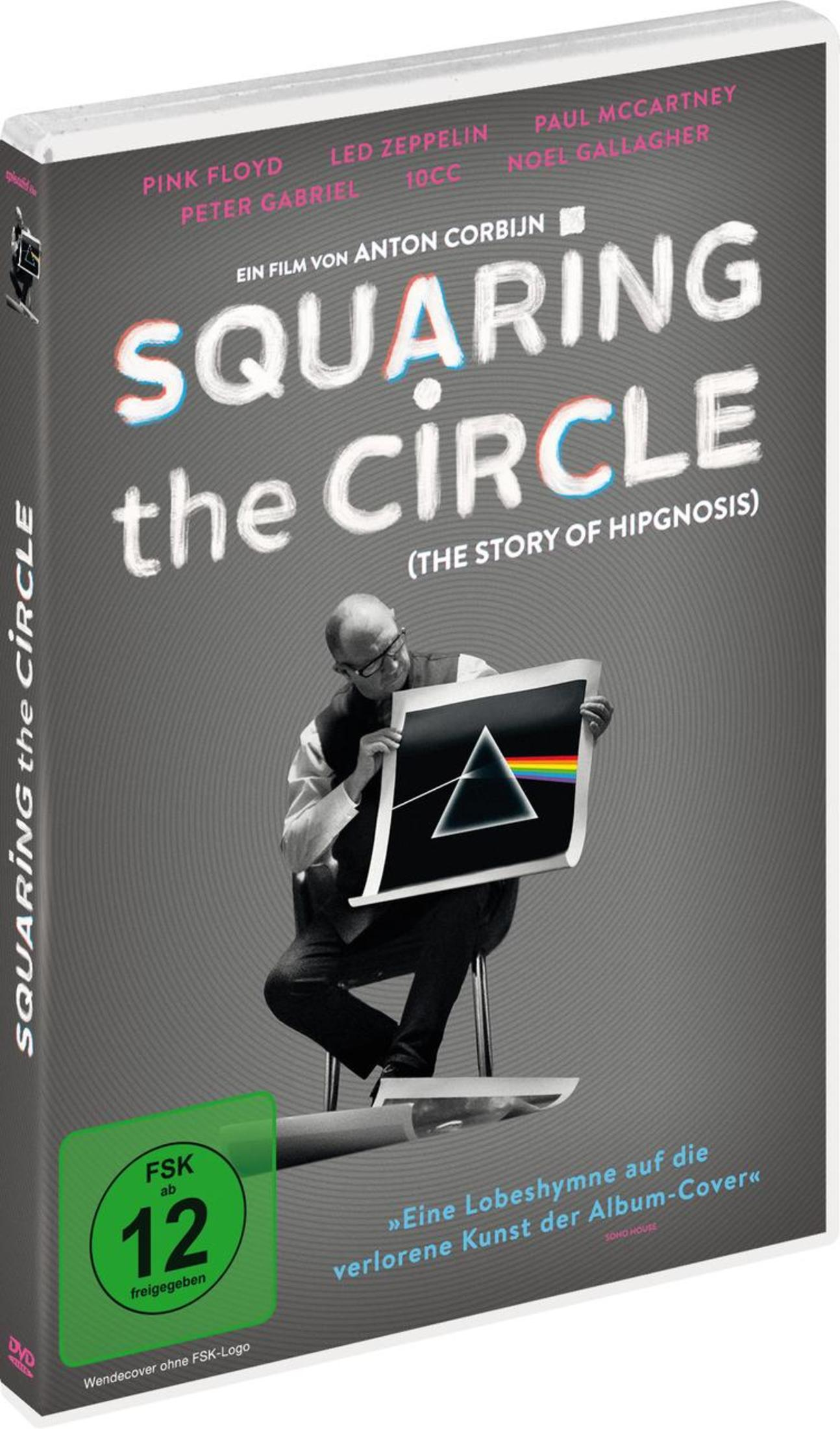 DVD-Cover von Squaring the Circle mit einem Mann, der das ikonische Pink-Floyd-Prisma-Albumcover hält.