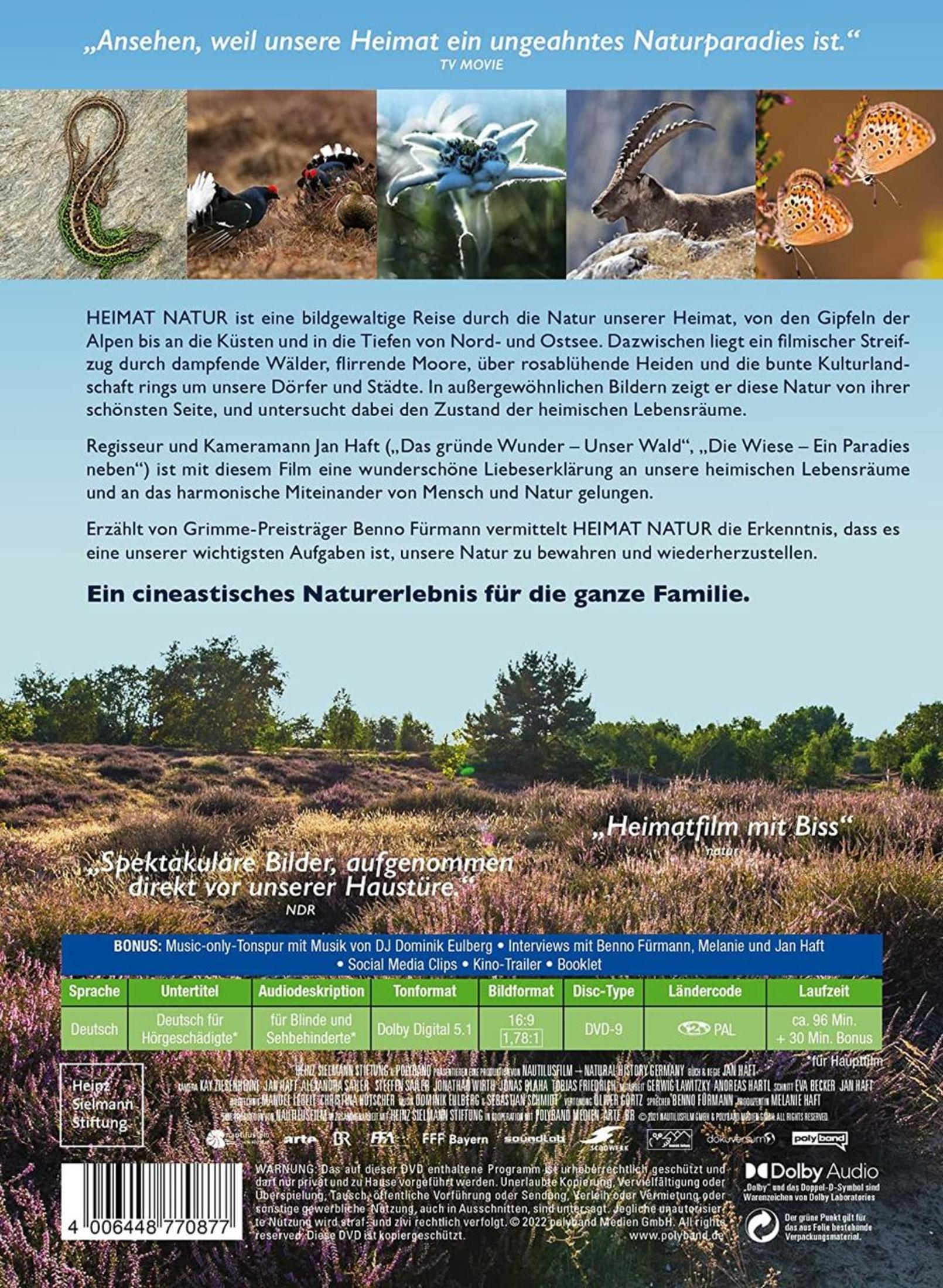 Filmplakat für Heimat Natur mit Tieren, Landschaften und Beschreibungen des Dokumentarfilms auf Deutsch.