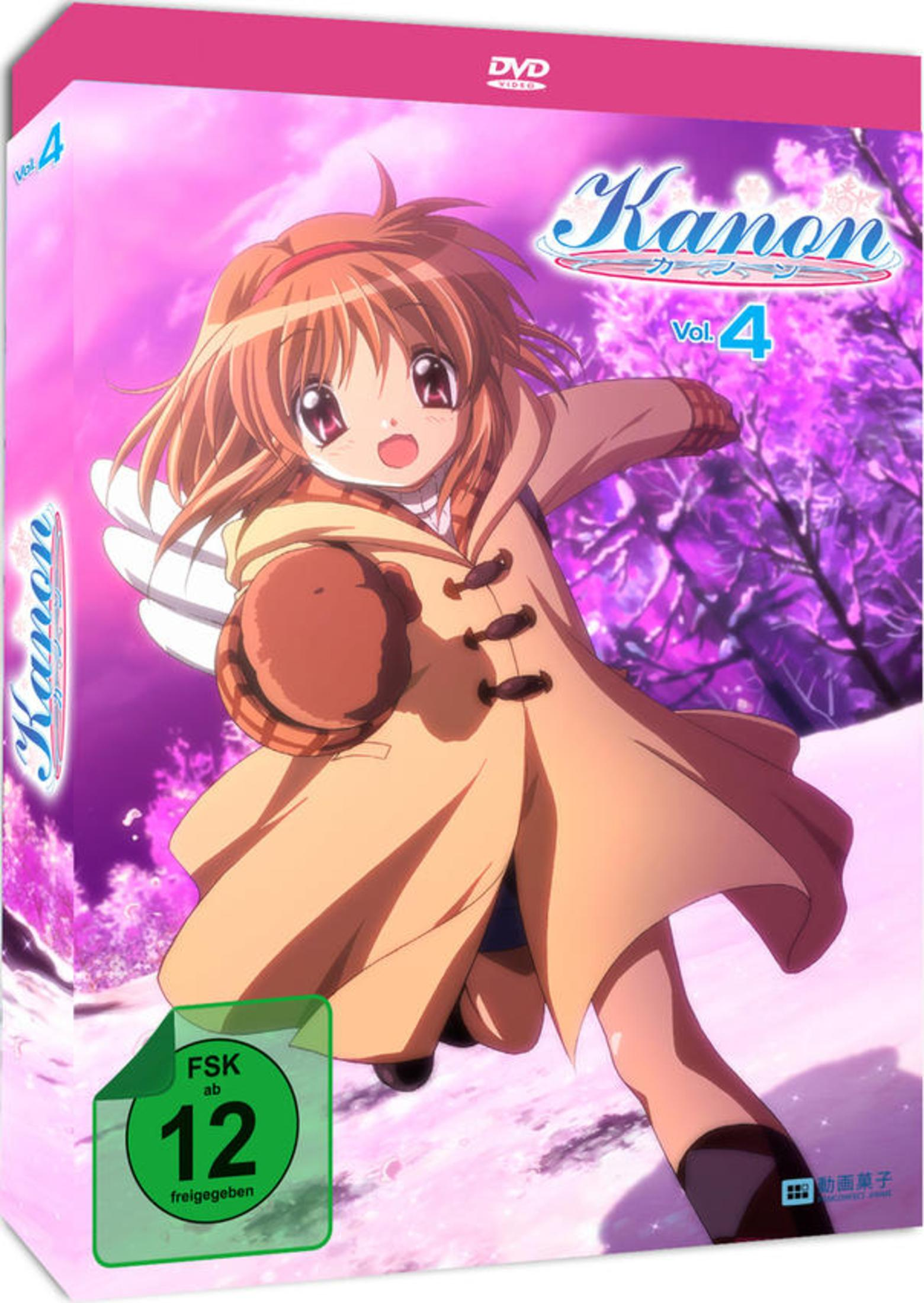 Anime-DVD-Cover zeigt ein Mädchen in beigem Mantel, das im Schnee läuft, mit dem Titel Kanon Vol. 4 und einem FSK 12-Siegel.