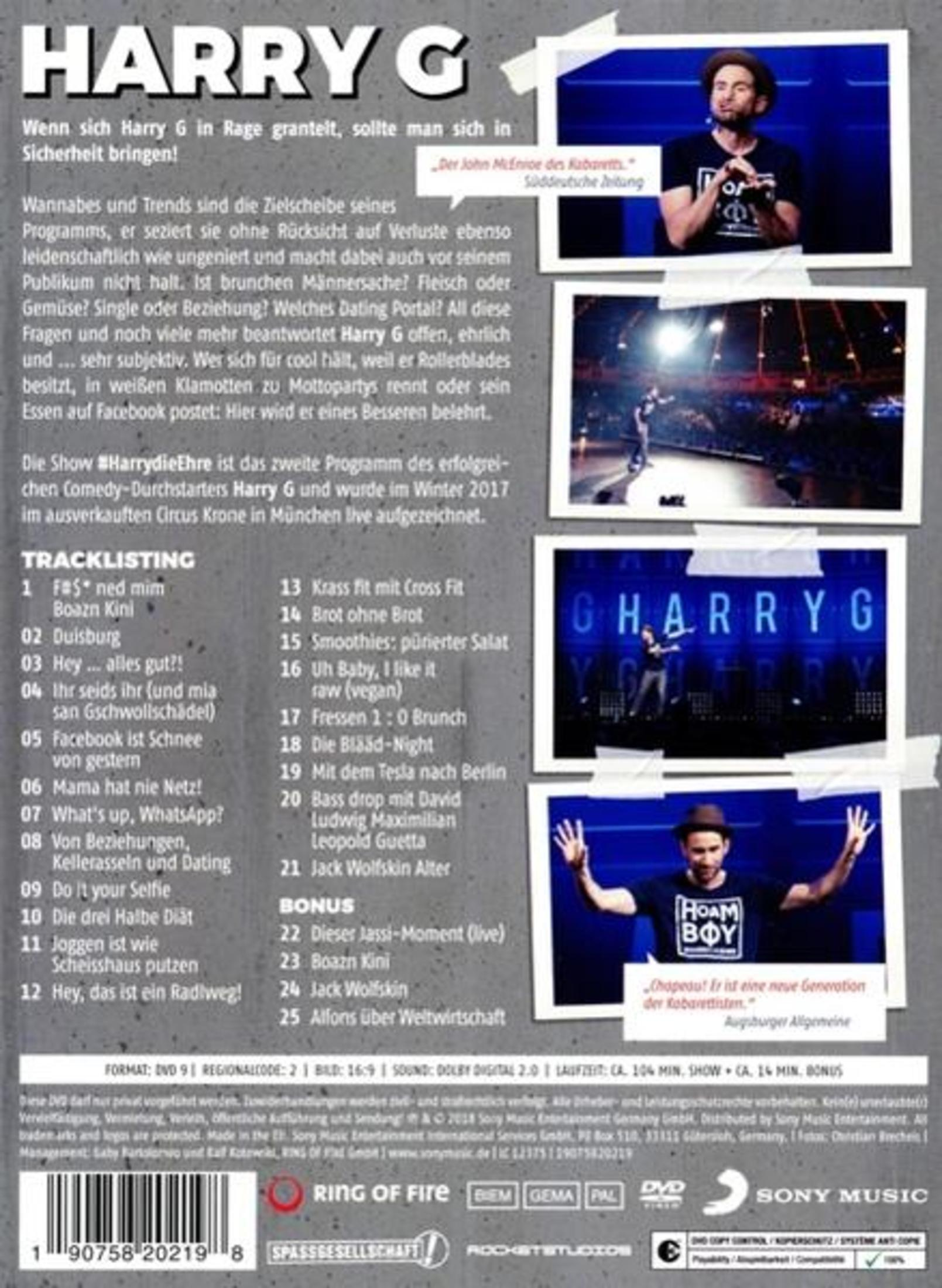 Harry G DVD-Cover mit Trackliste und Fotos vom Comedian auf der Bühne.