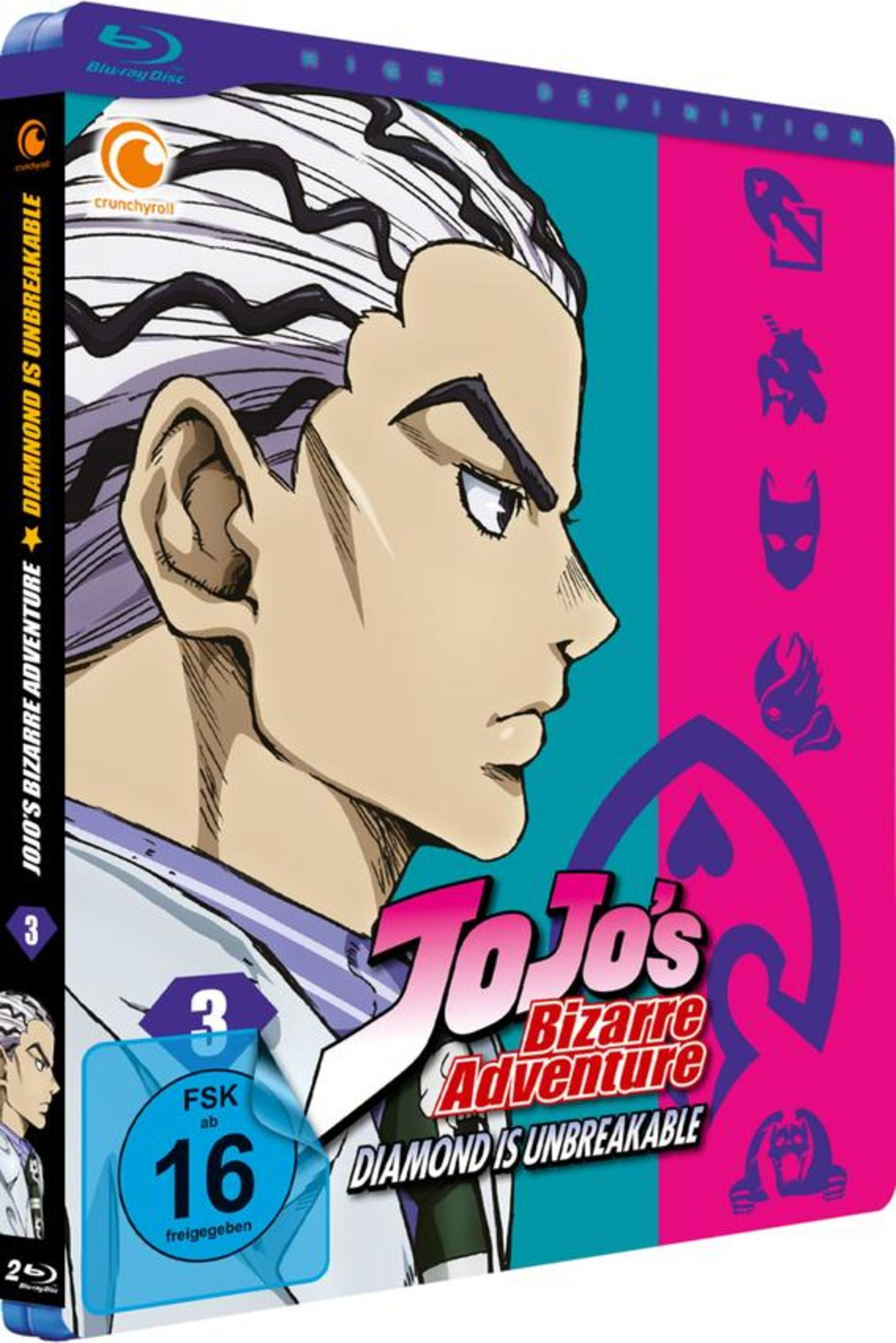 Blu-ray-Hülle mit dem Anime-Charakter Josuke Higashikata im Profil vor einem pink-türkisen Hintergrund.