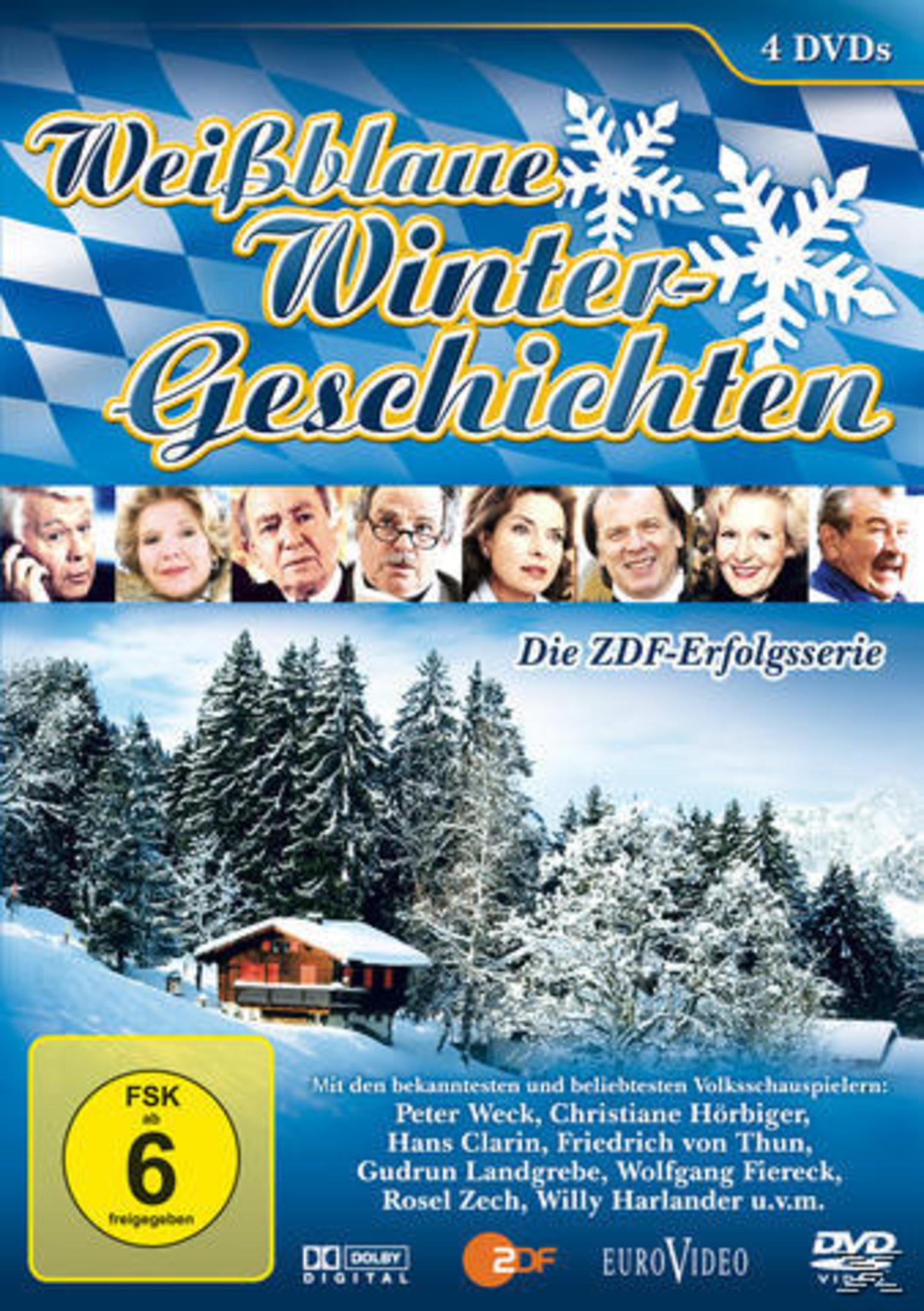 DVD-Cover von Weißblaue Wintergeschichten mit verschneiter Alpenlandschaft und Schauspielern oben.